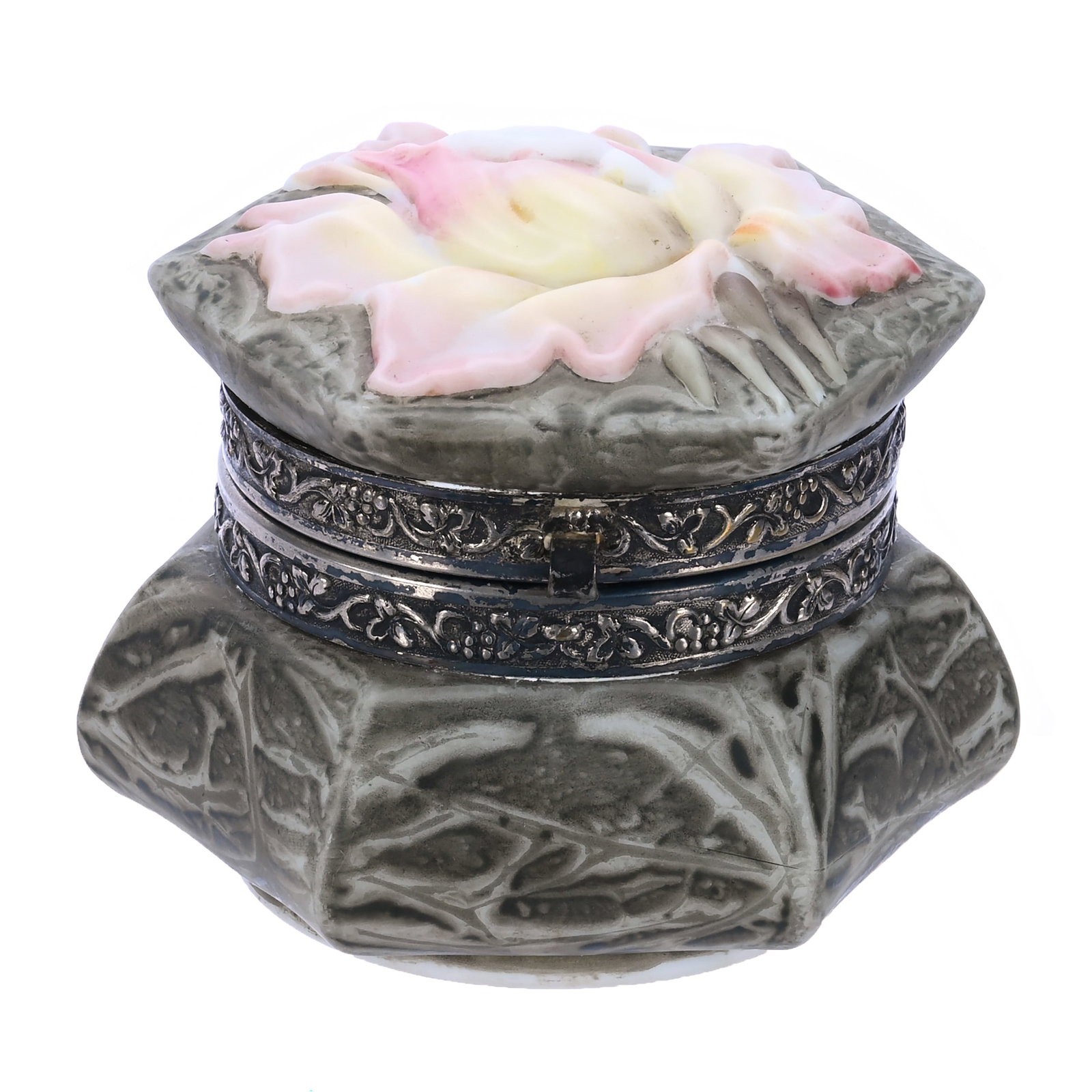 Jewel Box, Marked Kelva Embossed Rose Lid With Green Mottled Ground (1 of 5)