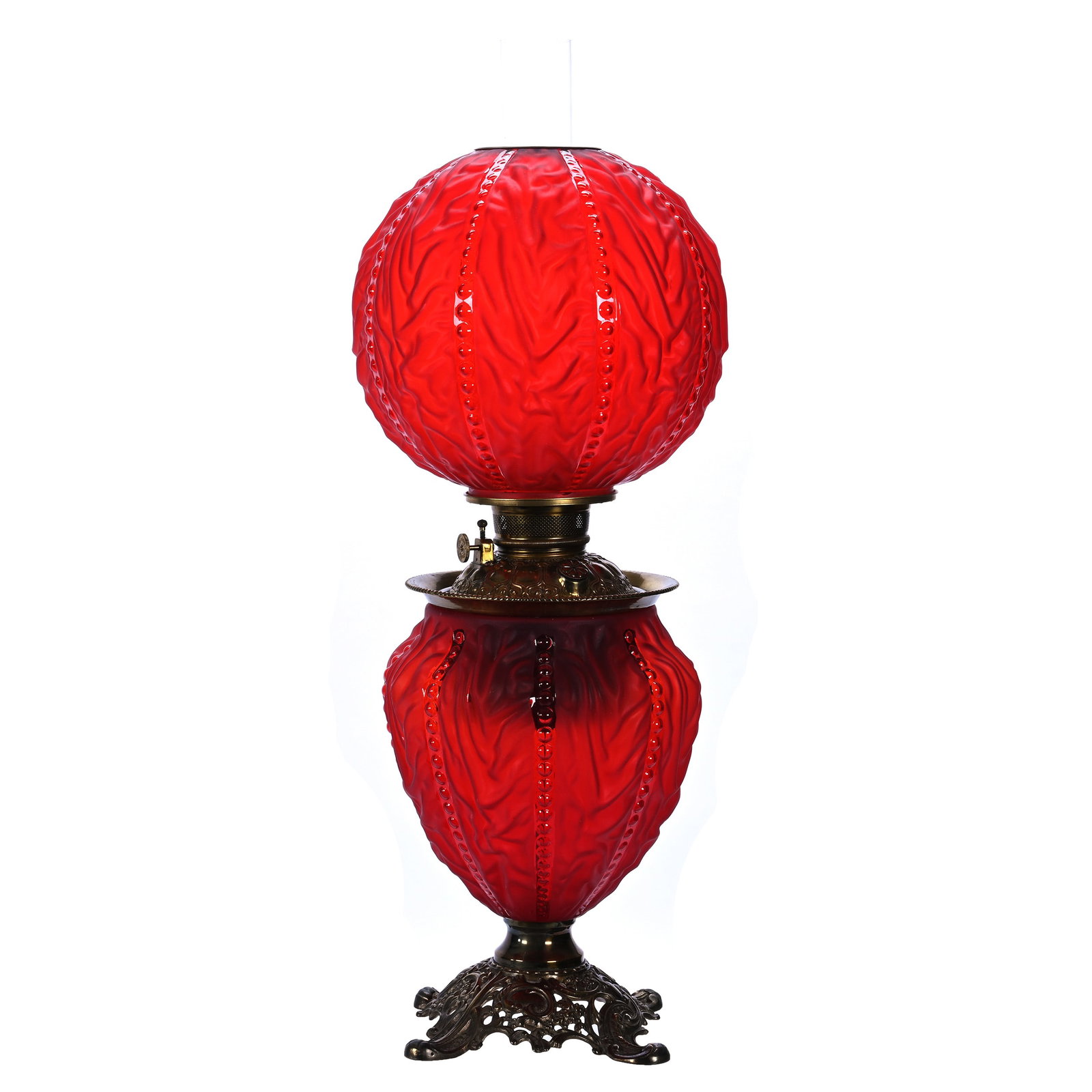 Kerosene Gone With The Wind Lamp: Kerosene Gone With The Wind Lamp, 24.5 x 9 x 9 Inches, Red Satin Beaded Drape Pattern By Consolidated, Nice Example, 8.5 Pounds, John And Doris Carty Estate Collection, IA, Effective 6/6/26 - All