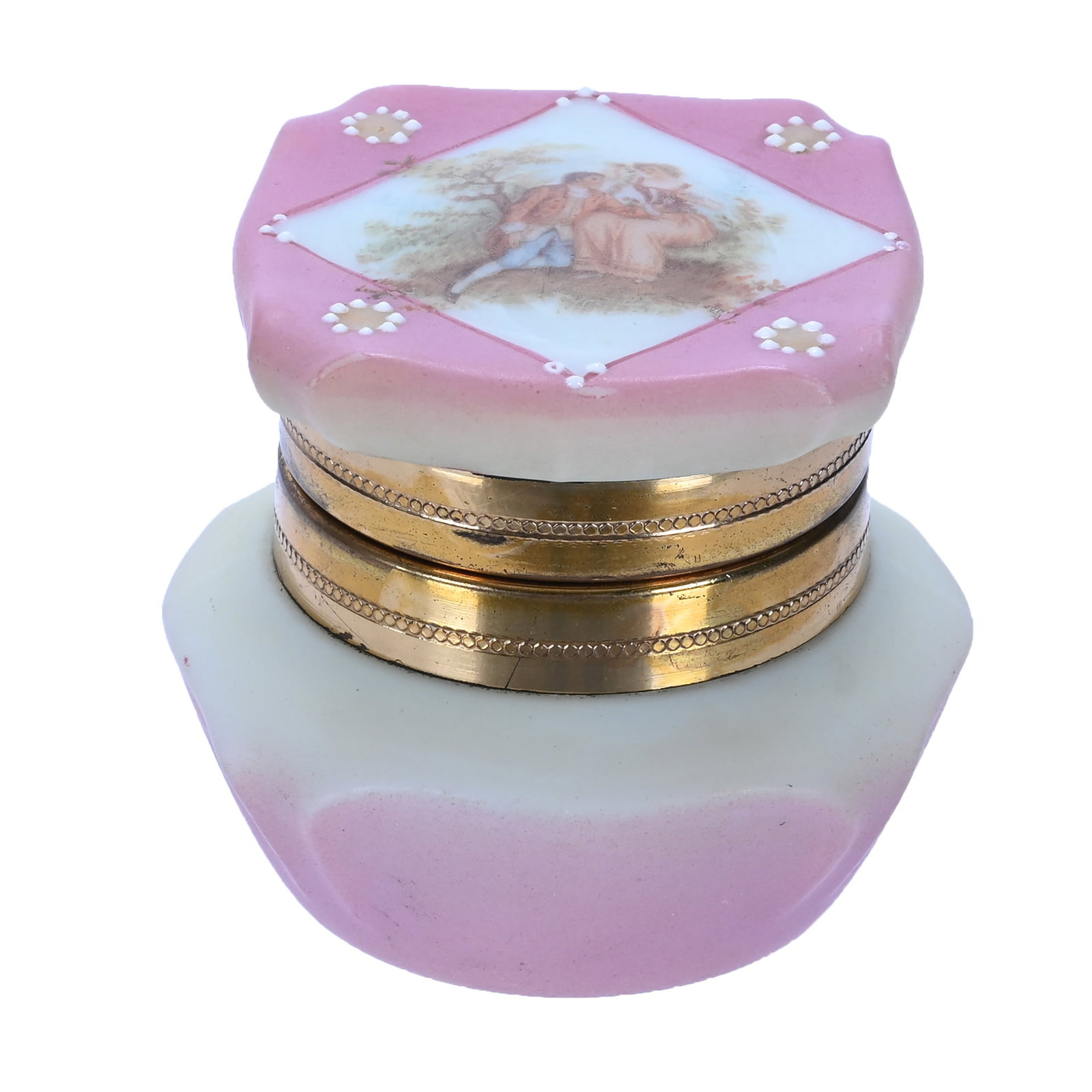 Ring Box, Marked Nakara: Ring Box, Marked Nakara, 2.75 x 2.75 x 2.5 Inches, Pink And Yellow Tones With Courting Scene Decor, Original Lining, 0.3 Pounds, John And Doris Carty Estate Collection, IA, Effective 6/6/26 - All Live