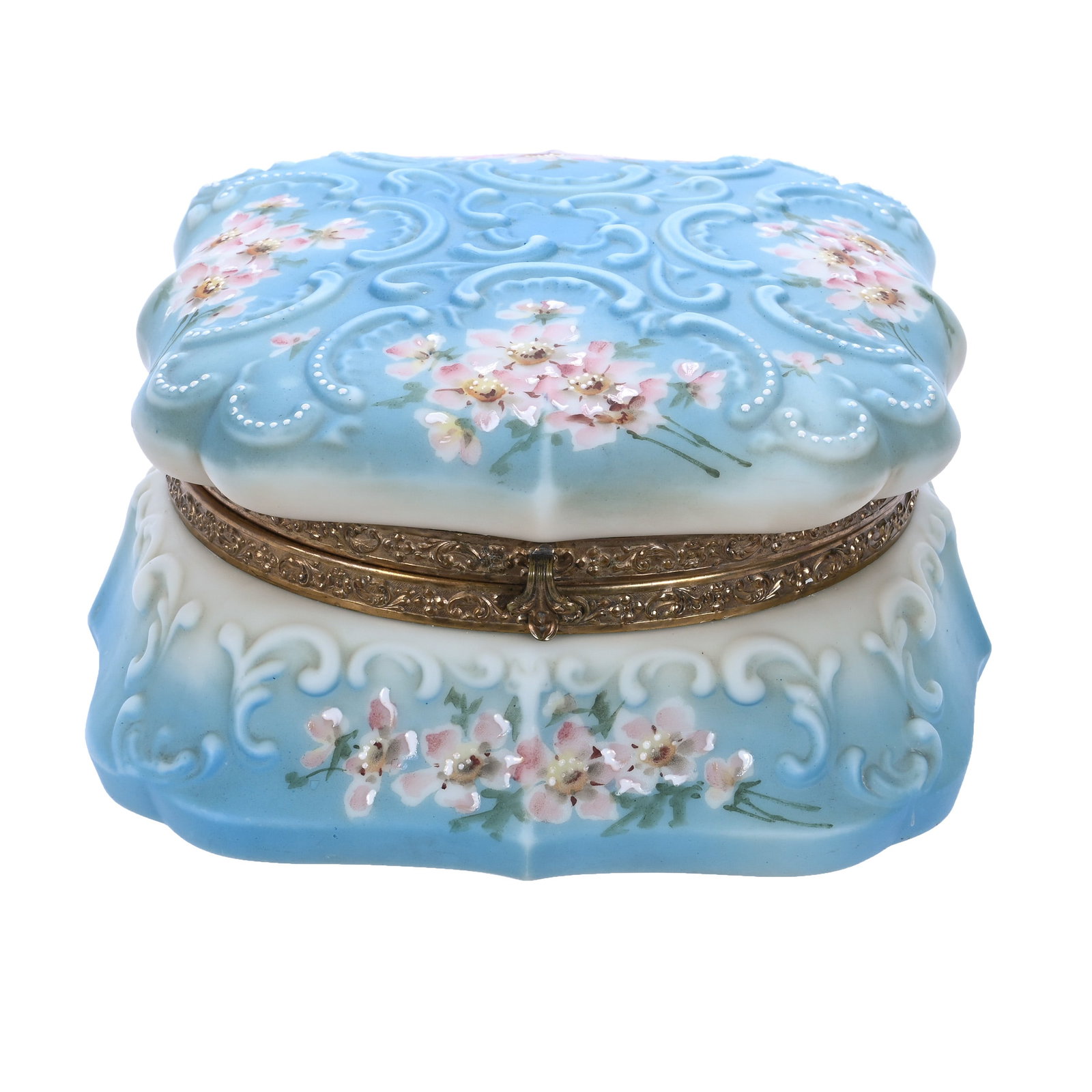Square Dresser Box, Marked Nakara, Cross Mold: Square Dresser Box, Marked Nakara, Cross Mold, 7.75 x 7.75 x 4.5 Inches, Blue And Cream Tones With Pink Floral Decor, 3.2 Pounds, John And Doris Carty Estate Collection, IA, Effective 6/6/26 - All