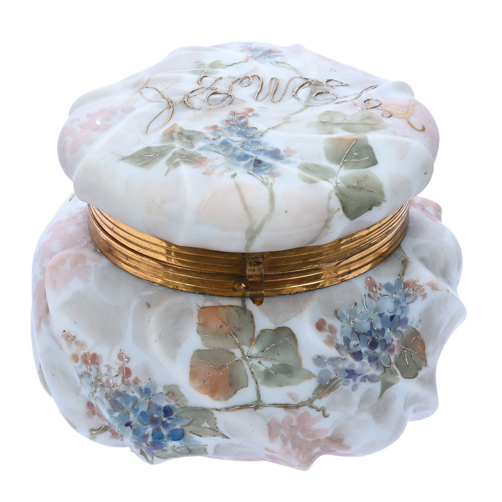Jewel Box, Unmarked Wave Crest, Swirl Mold: Jewel Box, Unmarked Wave Crest, Swirl Mold, 6 x 6 x 4.5 Inches, White With Pink And Gray Mottled Ground, Blue And Pink Floral Decor, Labeled "Jewel" On Lid, 1.9 Pounds, John And Doris Carty Estate