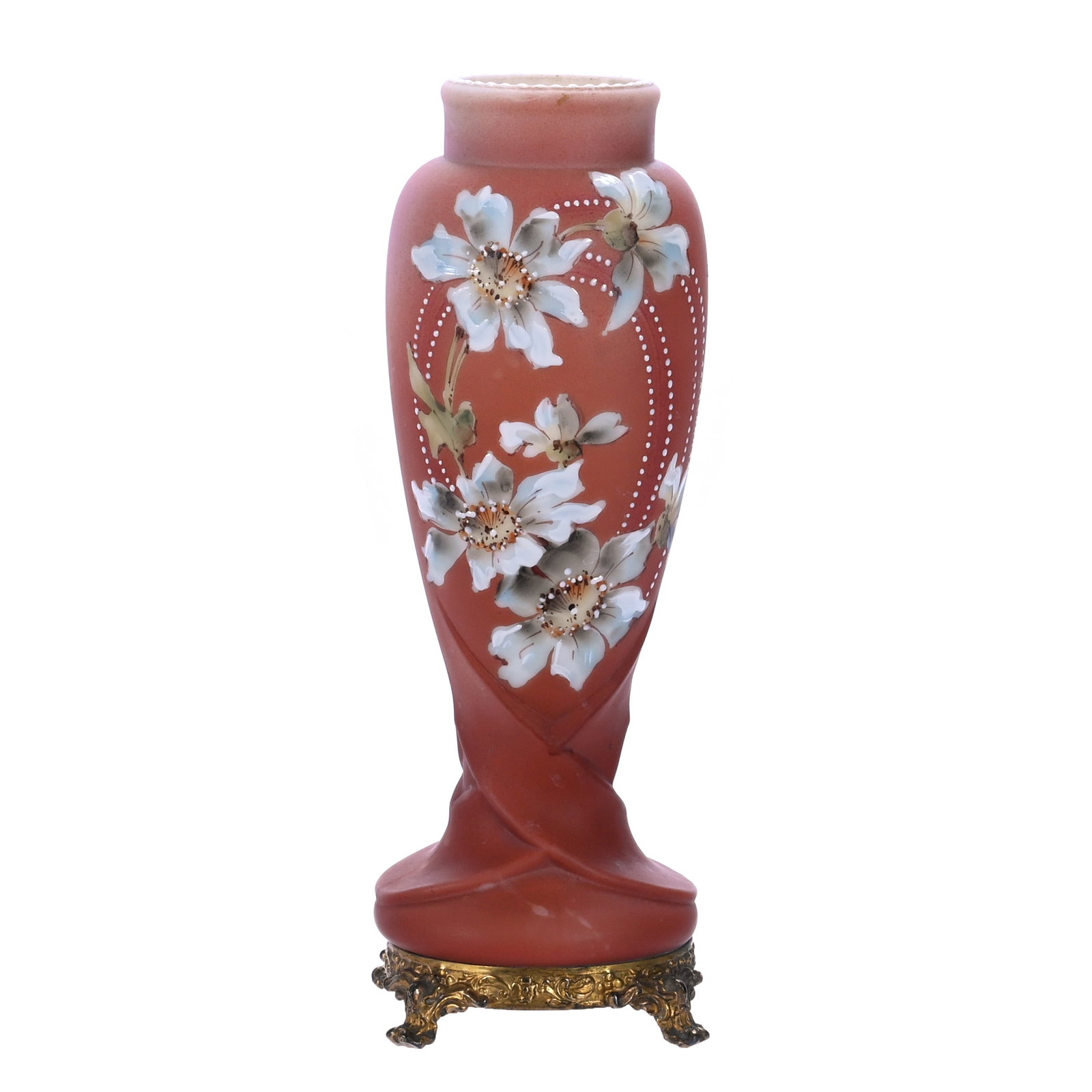 Vase, Marked Nakara, Ribbon Mold: Vase, Marked Nakara, Ribbon Mold, 8.5 x 3 x 3 Inches, Mauve Tones With Blue Floral Decor, 0.9 Pounds, John And Doris Carty Estate Collection, IA, Effective 6/6/26 - All LiveAuctioneers Invoices Must