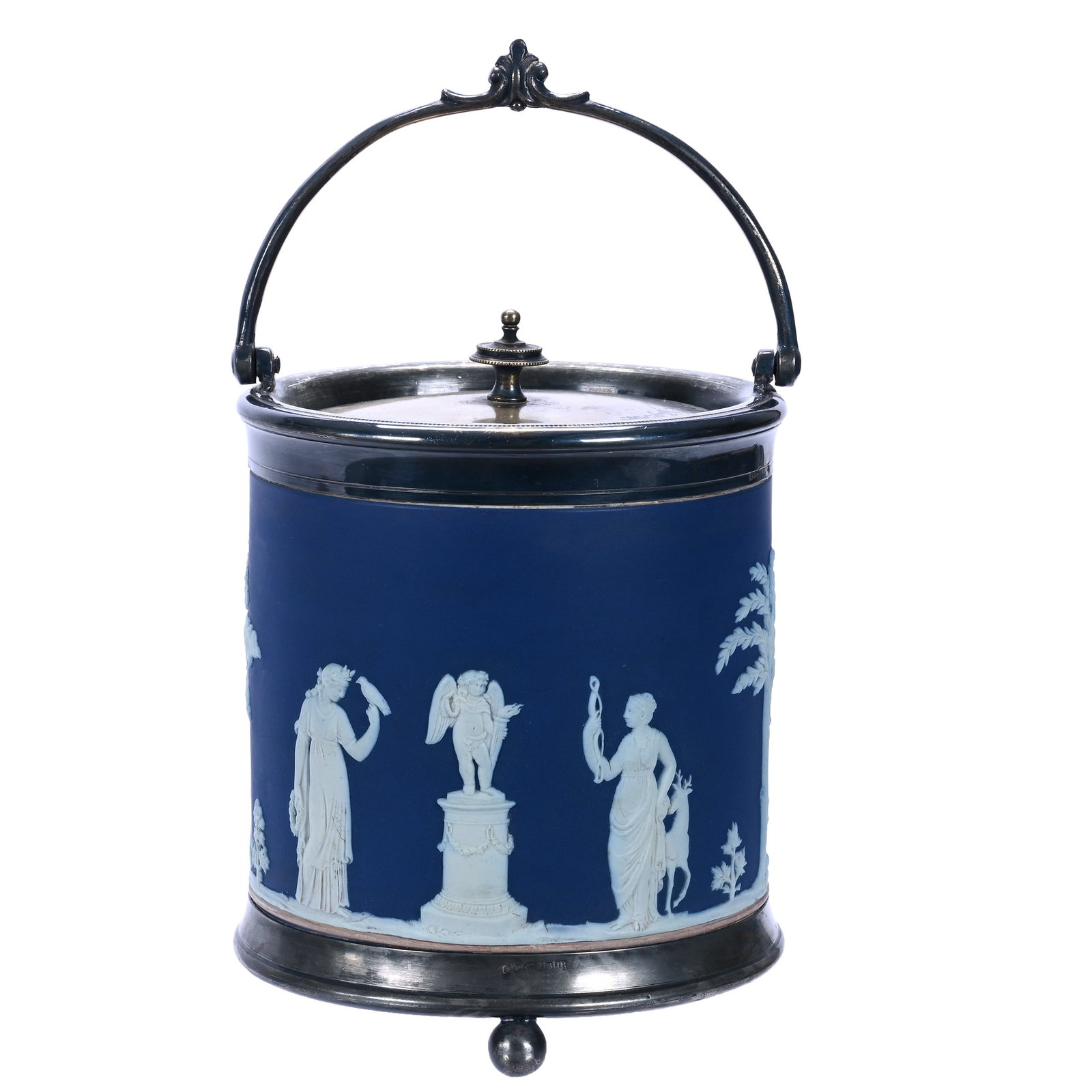 Biscuit Jar, Marked Wedgwood England Jasperware: Biscuit Jar, Marked Wedgwood England Jasperware, 7 x 5.25 x 5.25 Inches, Classic Blue And White Scenic Relief, Silverplate Lid And Bail, Silverplate Base, 3.1 Pounds, John And Doris Carty Estate
