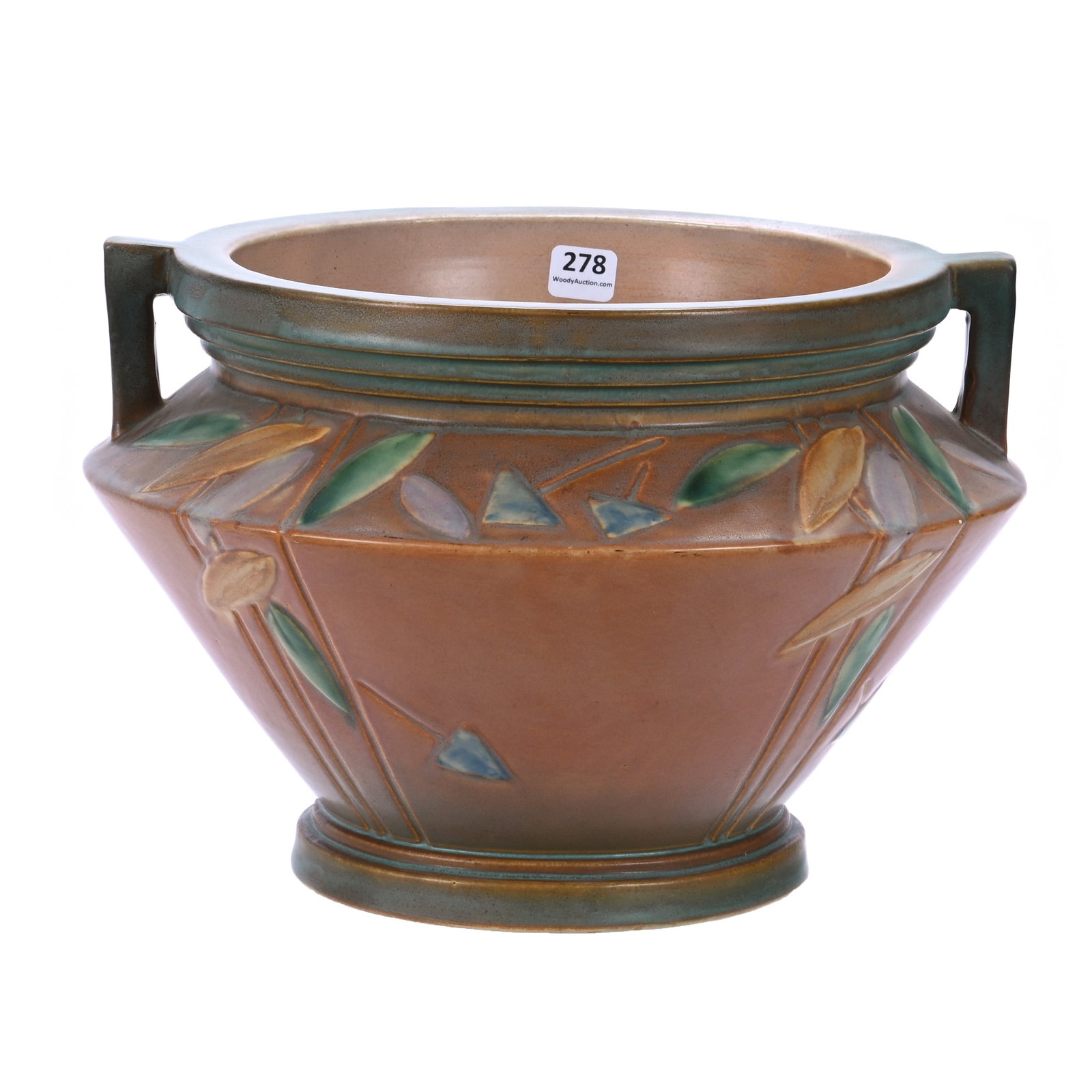 Two-Handled Jardiniere, Unmarked Roseville Art Pottery, Futura Pattern: Two-Handled Jardiniere, Unmarked Roseville Art Pottery, Futura Pattern, 8 x 11.5 x 11.5 Inches, Circa 1928, 7.5 Pounds, Grady And Annette Hite Collection, NC, Effective 6/6/26 - All LiveAuctioneers