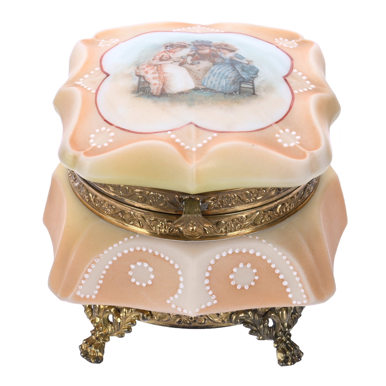 Square Jewel Box, Marked Nakara: Square Jewel Box, Marked Nakara, 4.25 x 4.25 x 4 Inches, Orange And Yellow Tones With Kate Greenaway Tea Scenic Decor, 1.3 Pounds, John And Doris Carty Estate Collection, IA, Effective 6/6/26 - All