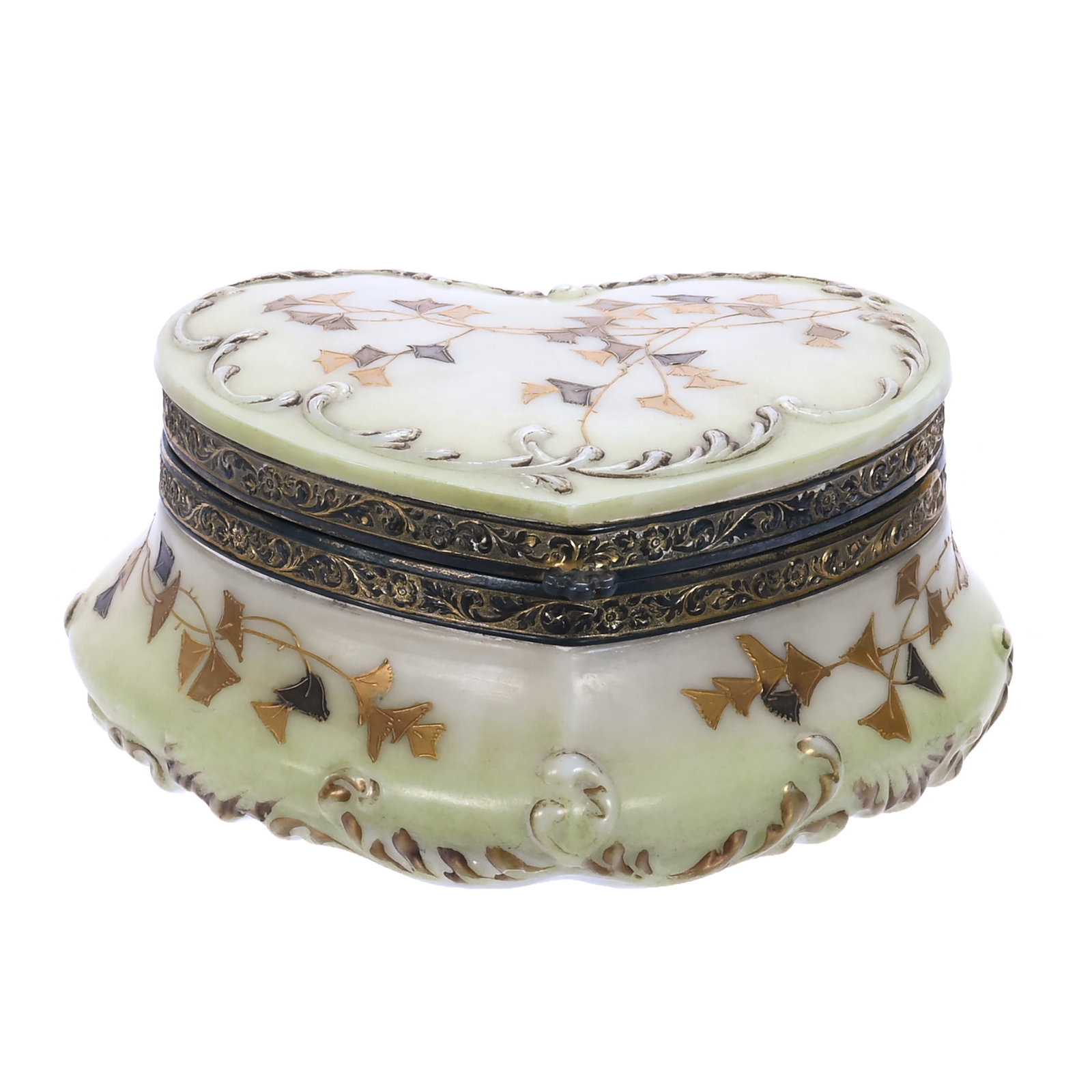 Heart Shaped Jewel Box, Marked T.M.C. (Pairpoint Manufacturing Company): Heart Shaped Jewel Box, Marked T.M.C. (Pairpoint Manufacturing Company), 6 x 5.5 x 2.75 Inches, Green Opalware With Leaf And Vine Decor, 1.7 Pounds, John And Doris Carty Estate Collection, IA,