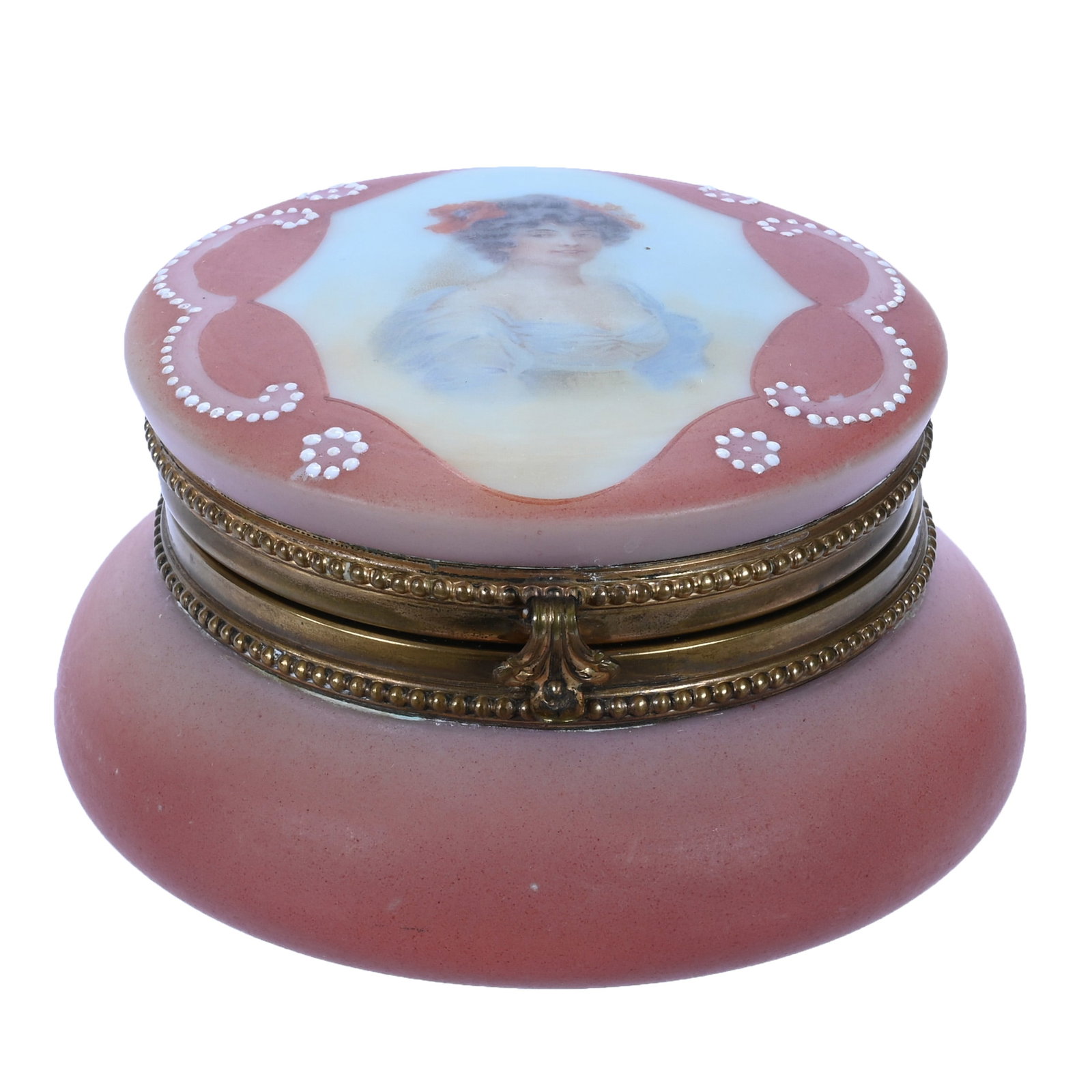 Jewel Box, Marked Nakara: Jewel Box, Marked Nakara, 4.5 x 4.5 x 2.75 Inches, Mauve Tones With Portrait Of Young Woman, 0.9 Pounds, John And Doris Carty Estate Collection, IA, Effective 6/6/26 - All LiveAuctioneers Invoices