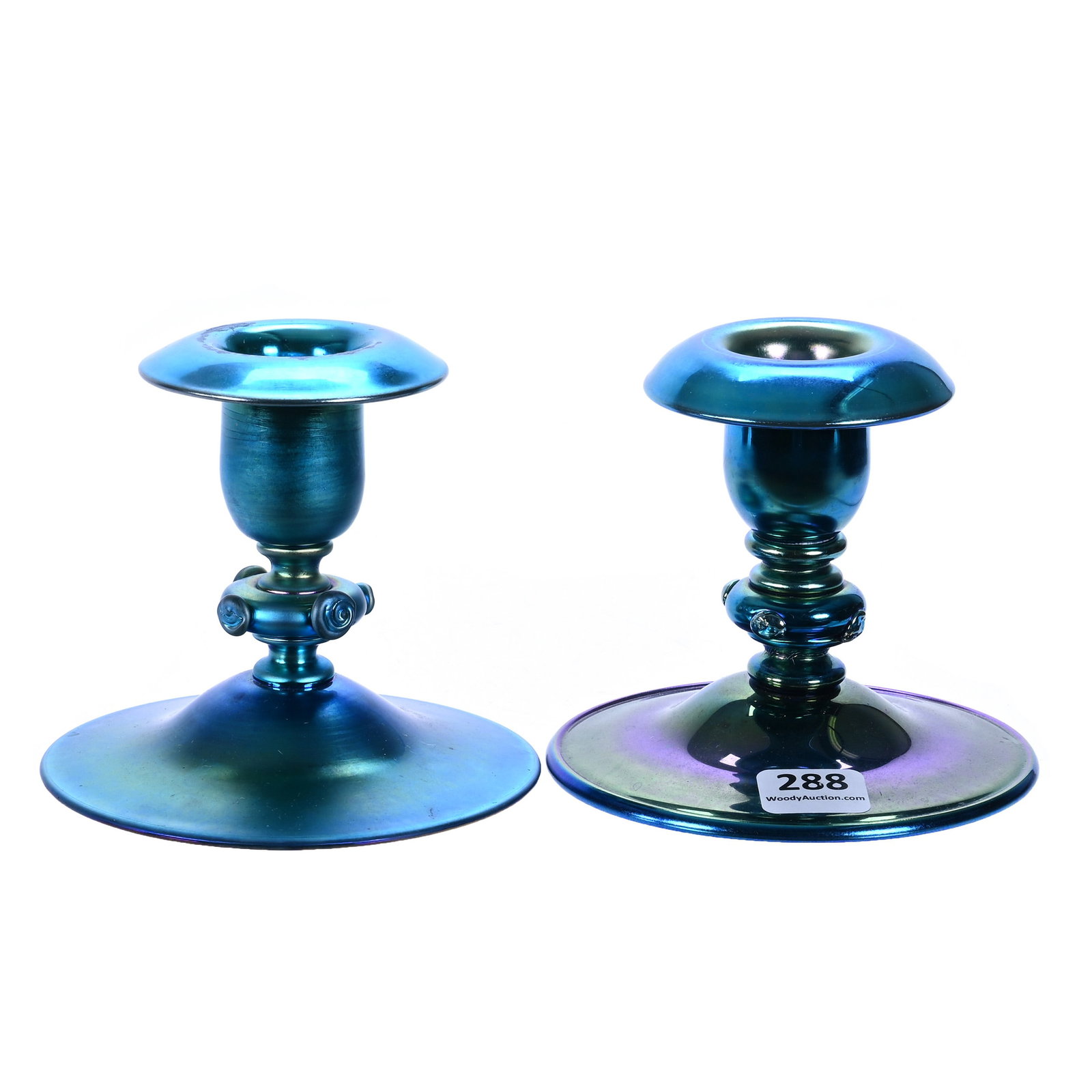 Pair Candlestick Holders, Signed Steuben Aurene #6384 (1 of 4)