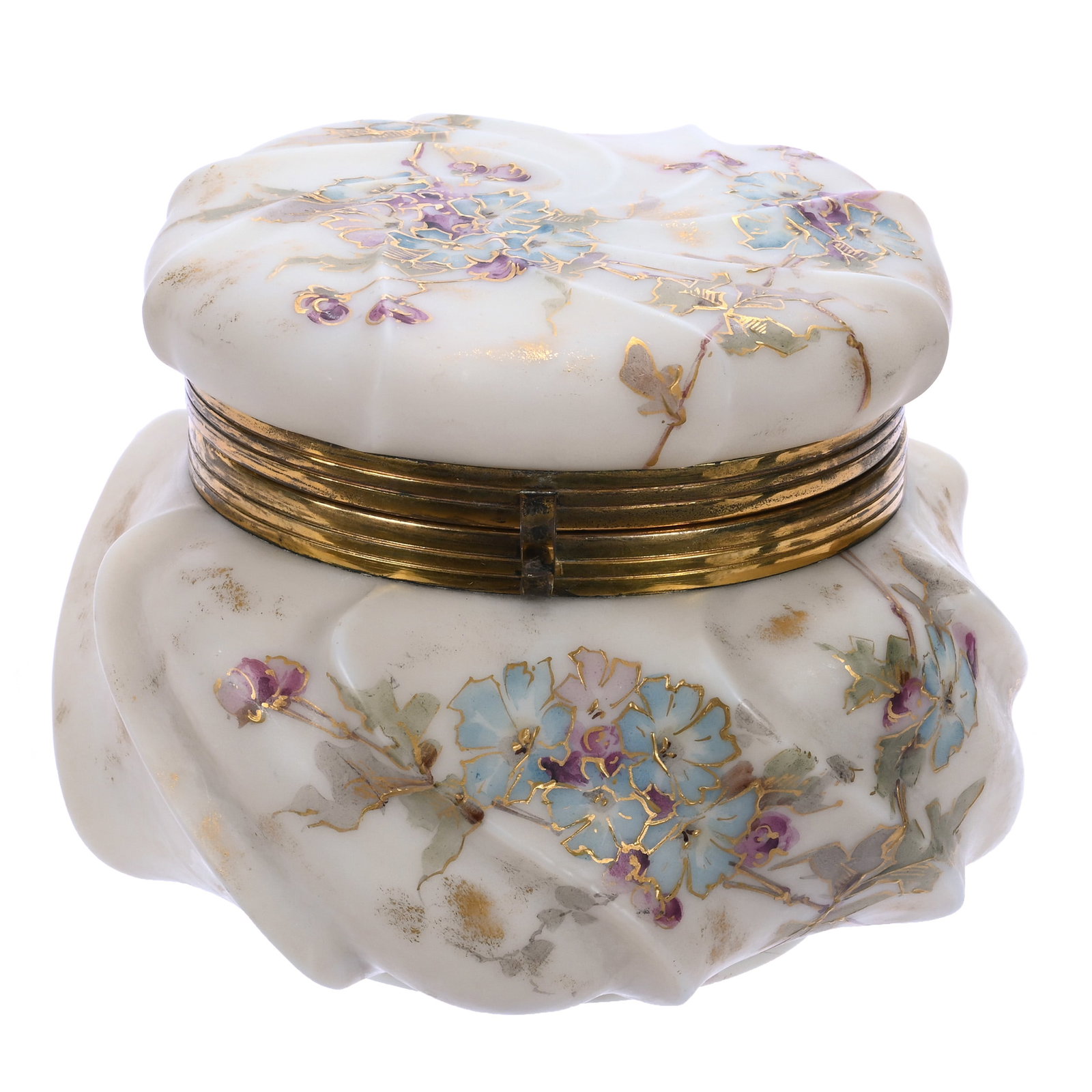 Jewel Box, Unmarked Wave Crest, Swirl Mold: Jewel Box, Unmarked Wave Crest, Swirl Mold, 6 x 6 x 4.5 Inches, Cream Tones With Blue And Lavender Floral Decor, Gold Stencil Highlights, 1.7 Pounds, John And Doris Carty Estate Collection, IA,