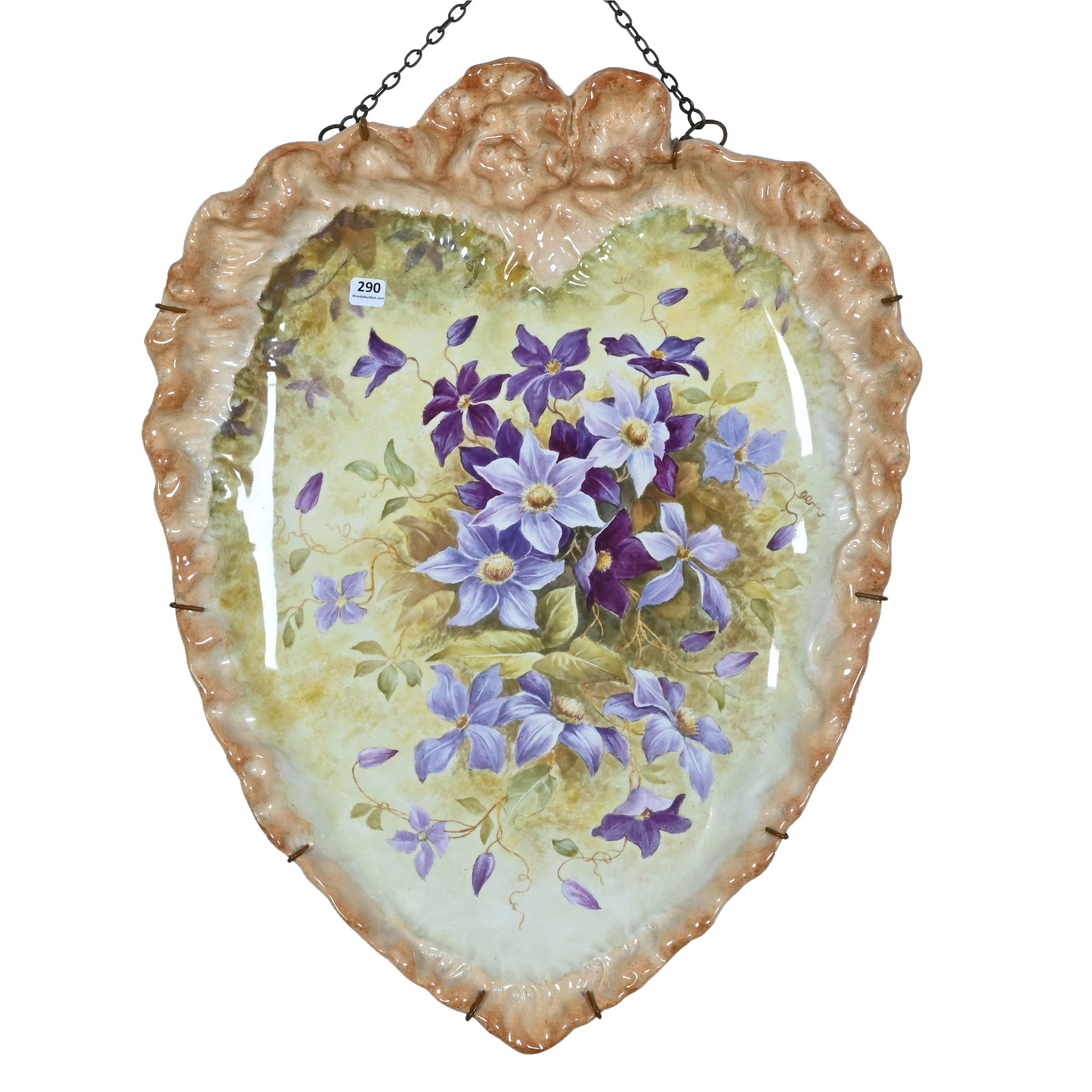 Massive Ceramic Heart Shaped Tray: Massive Ceramic Heart Shaped Tray, 24.5 x 19 x 3 Inches, Hand Painted Violet Floral Decor, Orange, Green And Yellow Tones, Original Wire Mounting Frame, Beautiful Design. Woody Auction Cannot Ship
