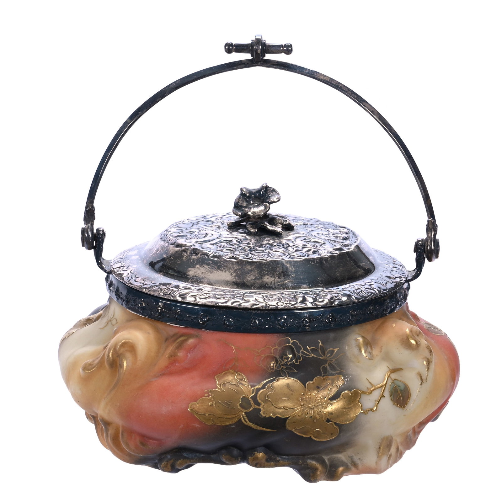 Biscuit Jar, Unmarked Mt. Washington, Plume Mold: Biscuit Jar, Unmarked Mt. Washington, Plume Mold, 8 x 8 x 5.5 Inches, Black, Rust, Brown, And Cream Tones With Gold Floral Decor, Embossed Silverplate Lid And Bail, 3 Pounds, John And Doris Carty