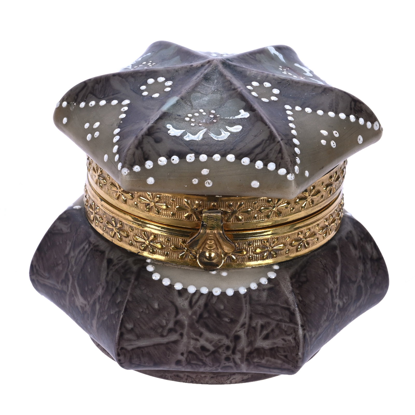 Six-Sided Jewel Box, Marked Kelva: Six-Sided Jewel Box, Marked Kelva, 4 x 3.5 x 3.25 Inches, Dark Lavender Mottled Ground With Floral Decor And Beaded White Enamel Tapestry Highlights, 0.7 Pounds, John And Doris Carty Estate