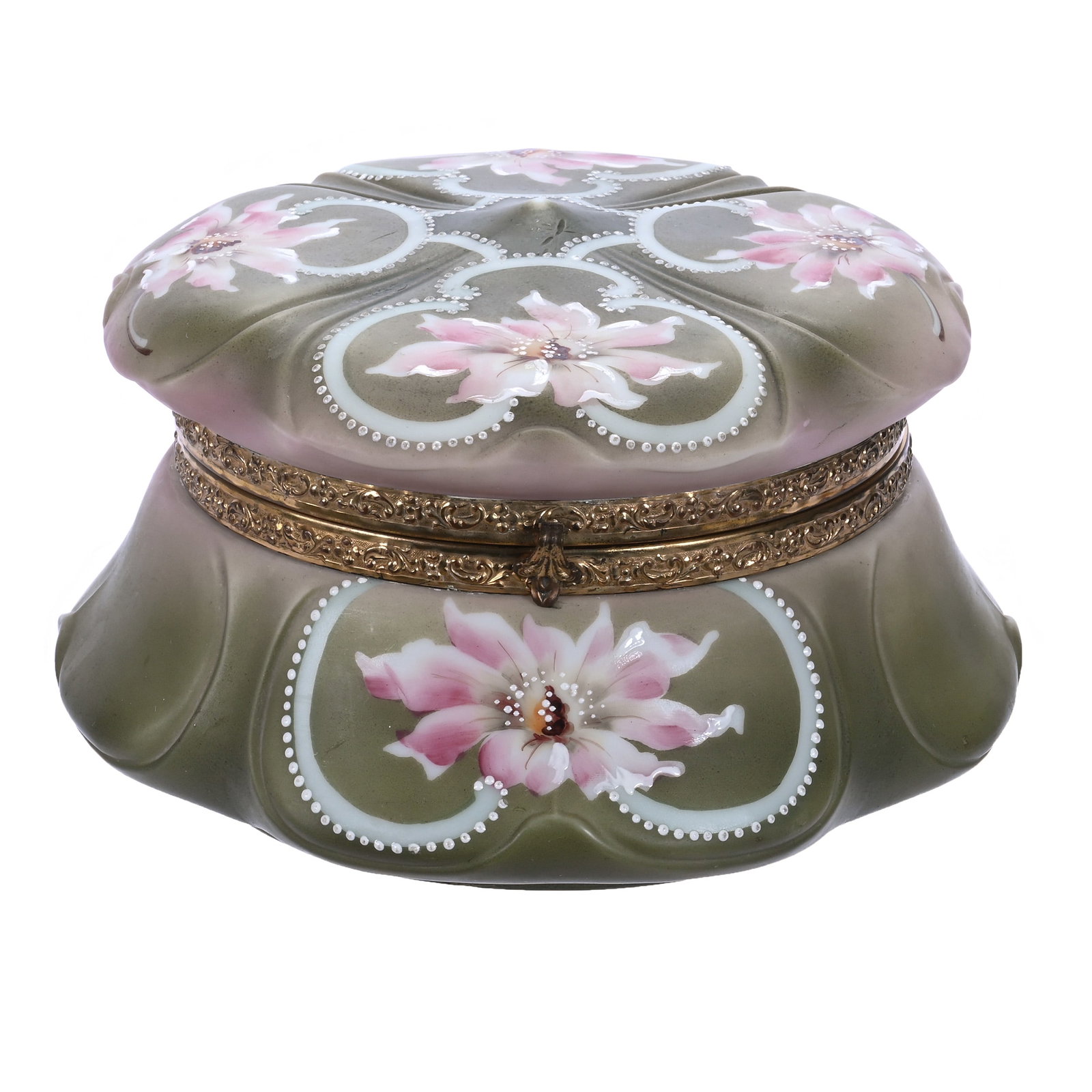 Dresser Box, Marked Nakara, Crown Mold: Dresser Box, Marked Nakara, Crown Mold, 8 x 8 x 5 Inches, Green And Pink Tones With Pink Floral Decor, Beaded White Enamel Tapestry Highlights, 2.8 Pounds, John And Doris Carty Estate Collection, IA, 