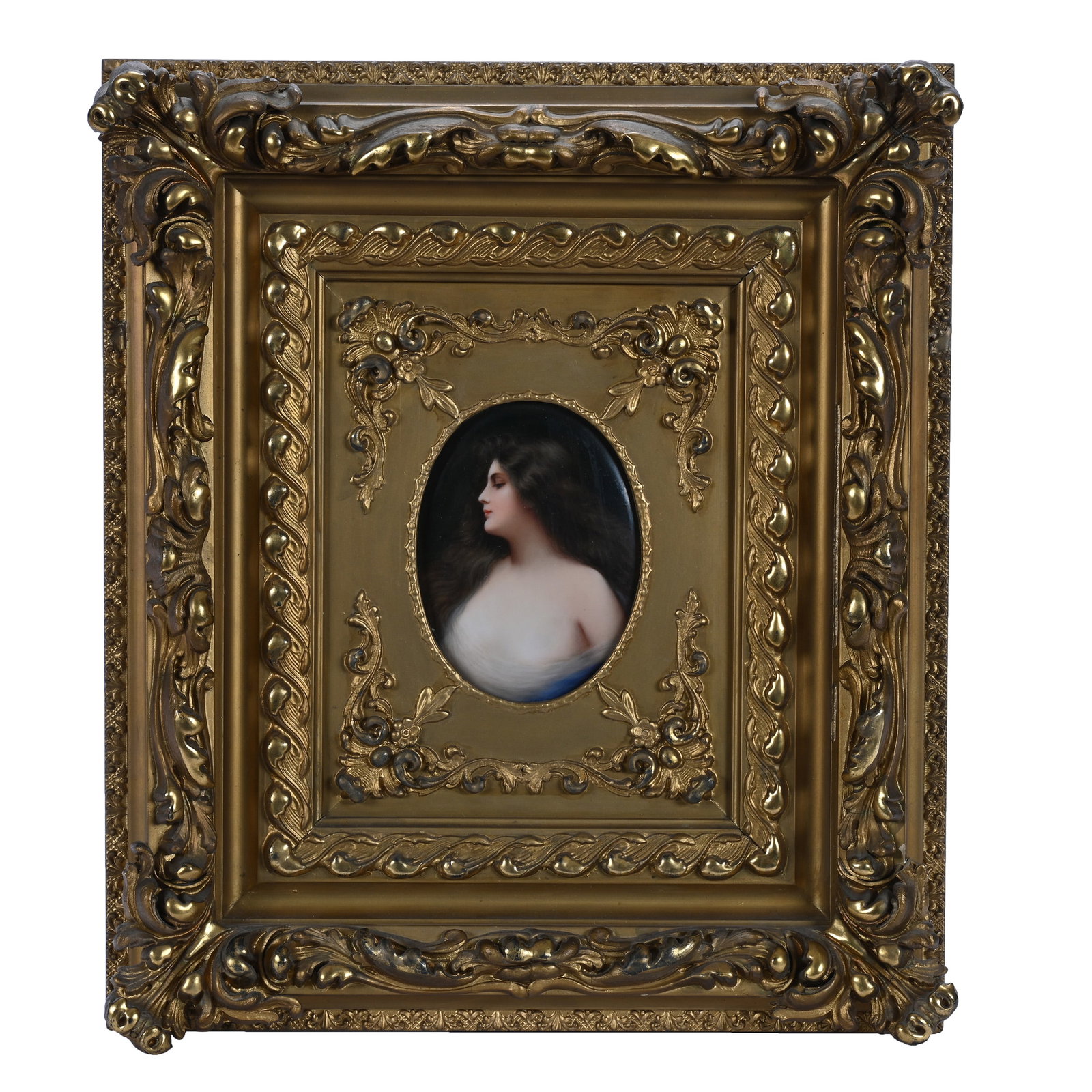 German Porcelain Plaque: German Porcelain Plaque, 5 x 4 x 0.25 Inches, Hand Painted, Titled "Erbluth", Artist Signed Wagner, Mounted In Fancy Gilt Wooden Frame Measuring 15.5" X 13.5" X 3", 4.8 Pounds, Kevin Bowers