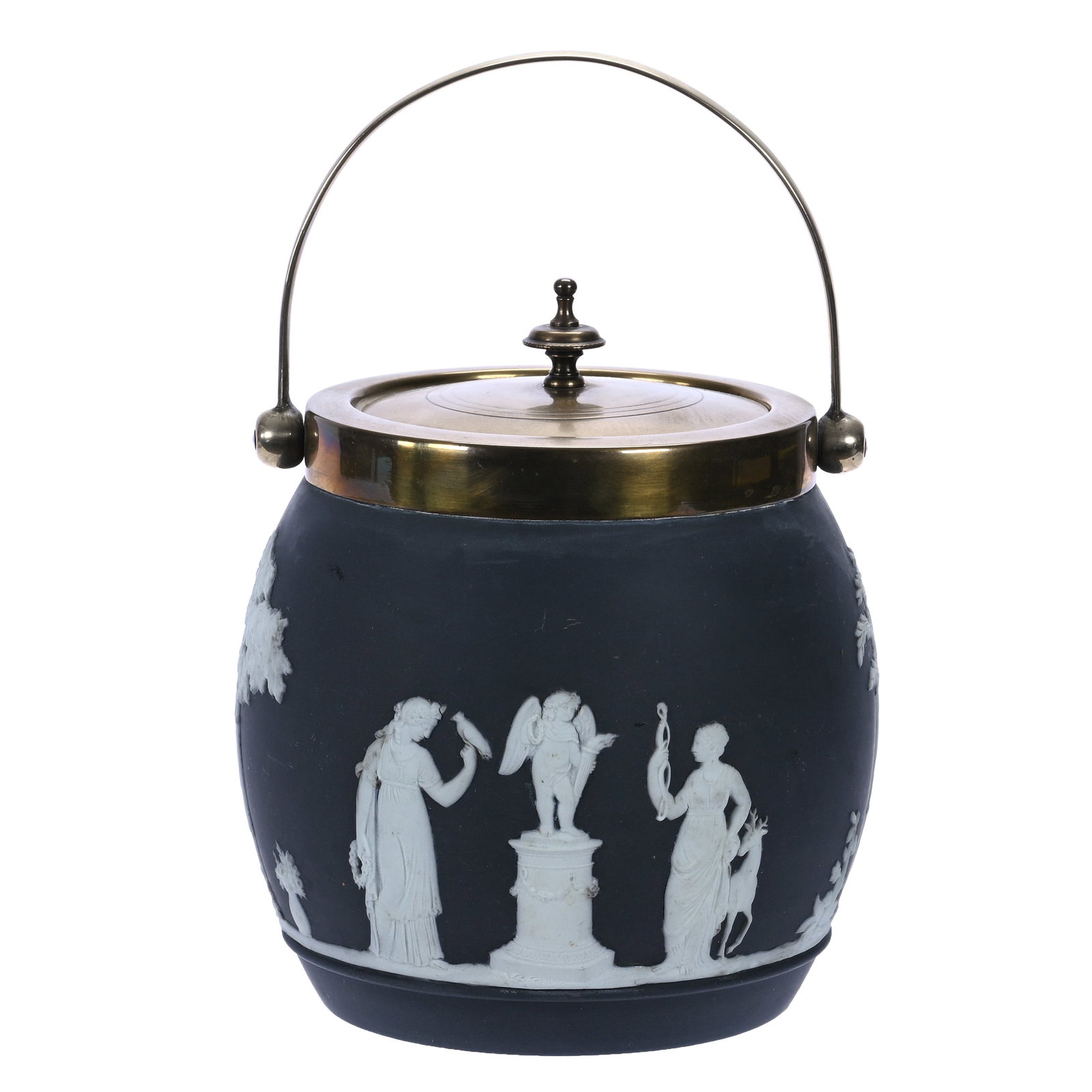 Biscuit Jar, Marked Wedgwood Jasperware: Biscuit Jar, Marked Wedgwood Jasperware, 6.5 x 5.5 x 5.5 Inches, Black And White Classic Scenic Relief, Metal Lid And Bail, 2.3 Pounds, John And Doris Carty Estate Collection, IA, Effective 6/6/26 -