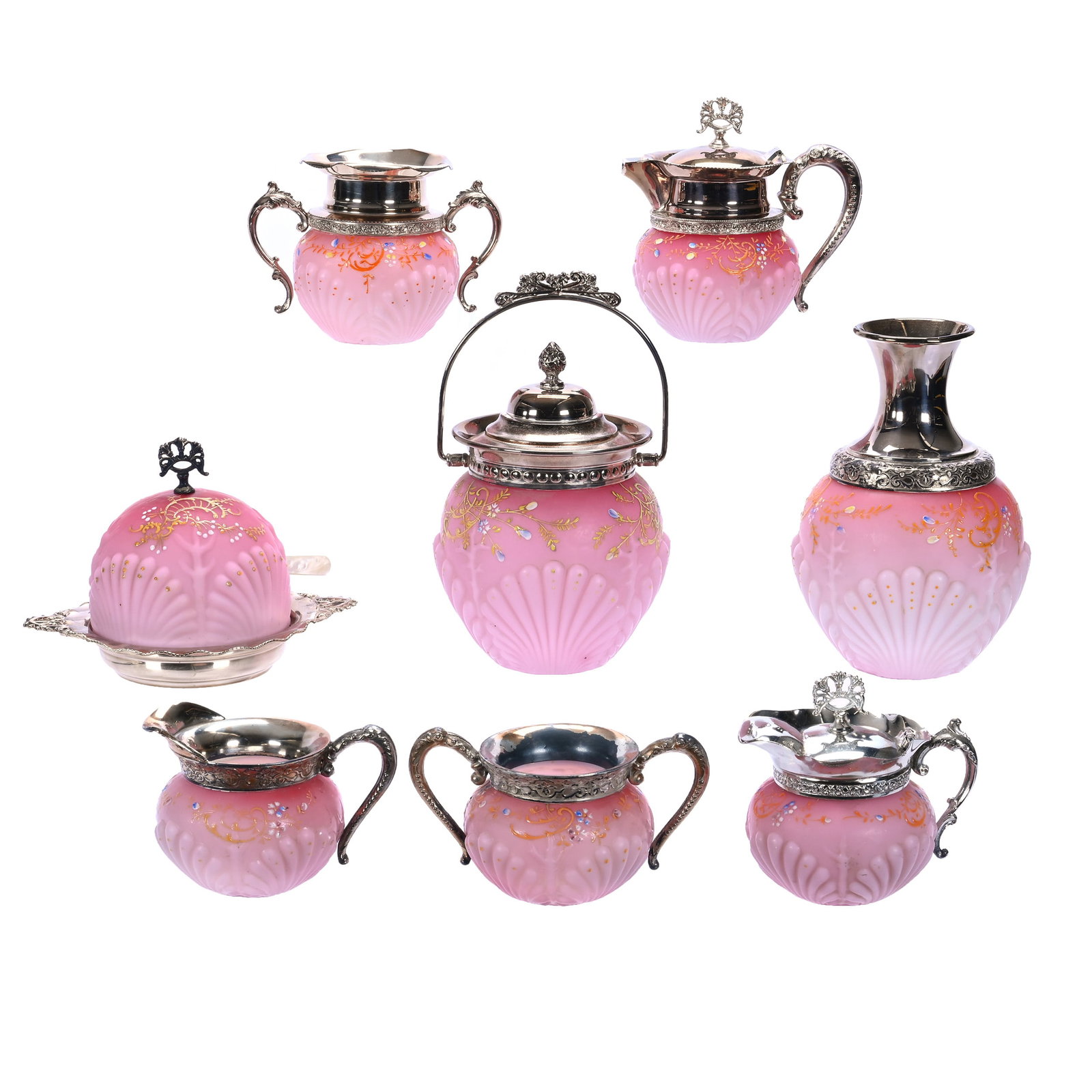 (8) Piece Table Service, Pink Satin Shell And Seaweed Mold By Consolidated, Enamel Floral Highlights: (8) Piece Table Service, Pink Satin Shell And Seaweed Mold By Consolidated, Enamel Floral Highlights, 8.75 x 5.75 x 5.75 Inches, Set Includes: (1) Water Carafe, (1) Biscuit Jar, (1) Tea Pot, (1)