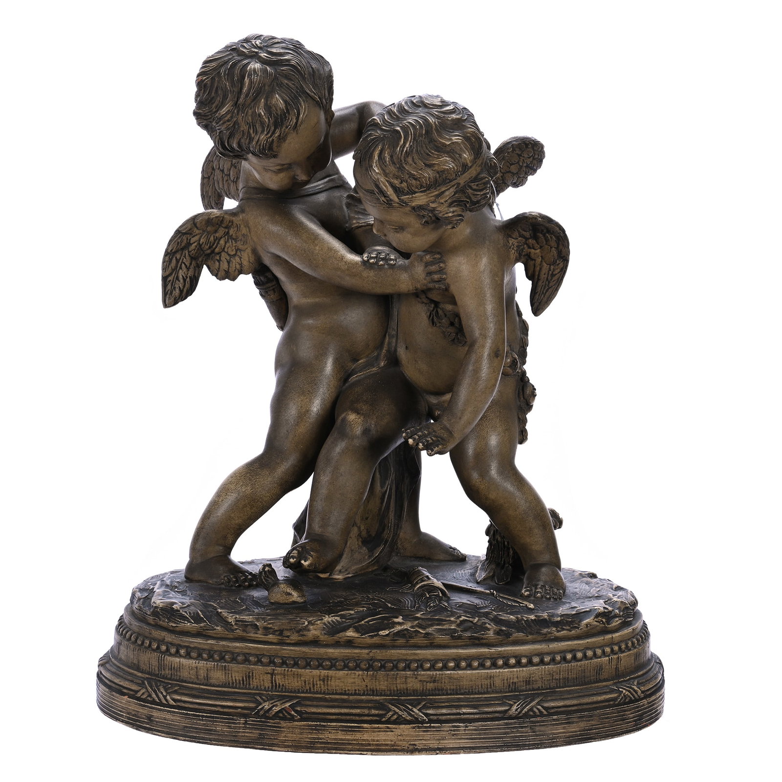 Terracotta Sculpture Featuring Two Cherubs Fighting Over Flaming Heart: Terracotta Sculpture Featuring Two Cherubs Fighting Over Flaming Heart, 19 x 15.5 x 10 Inches, After The Style Of Etienne-Maurice Falconet, Patinaed Terracotta, Minor Base Nicks, Makers Mark