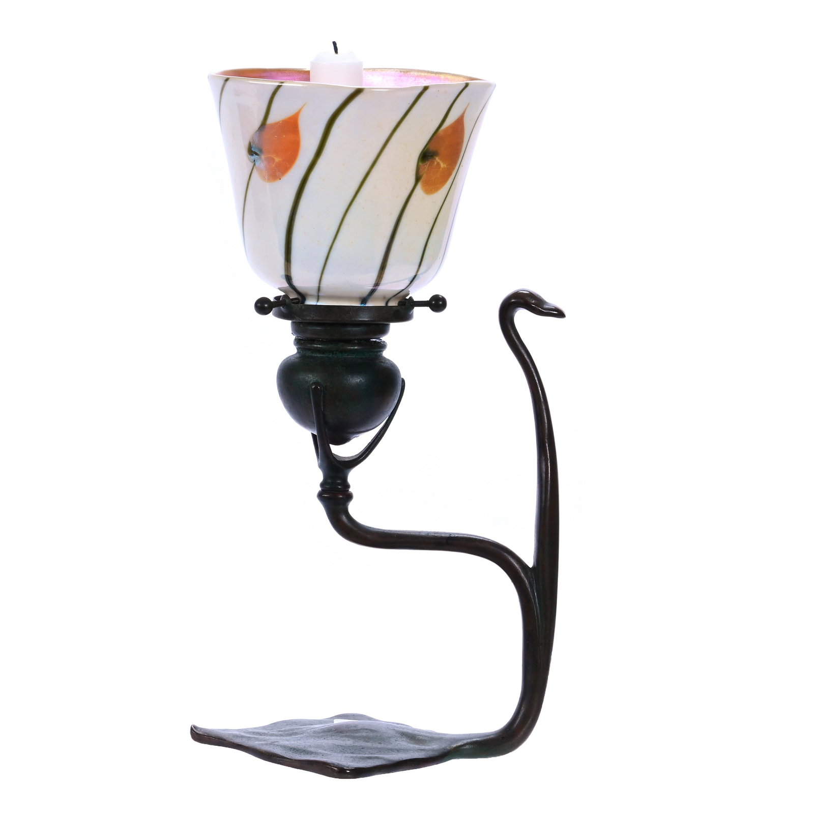 Cobra Candlestick Holder, Marked Tiffany Studios #1208: Cobra Candlestick Holder, Marked Tiffany Studios #1208, 11.25 x 6 x 5 Inches, Bronze With Original Removable Tiffany Shade Ring Holder With Original Set Screws, Sells With Replacement Fostoria Art