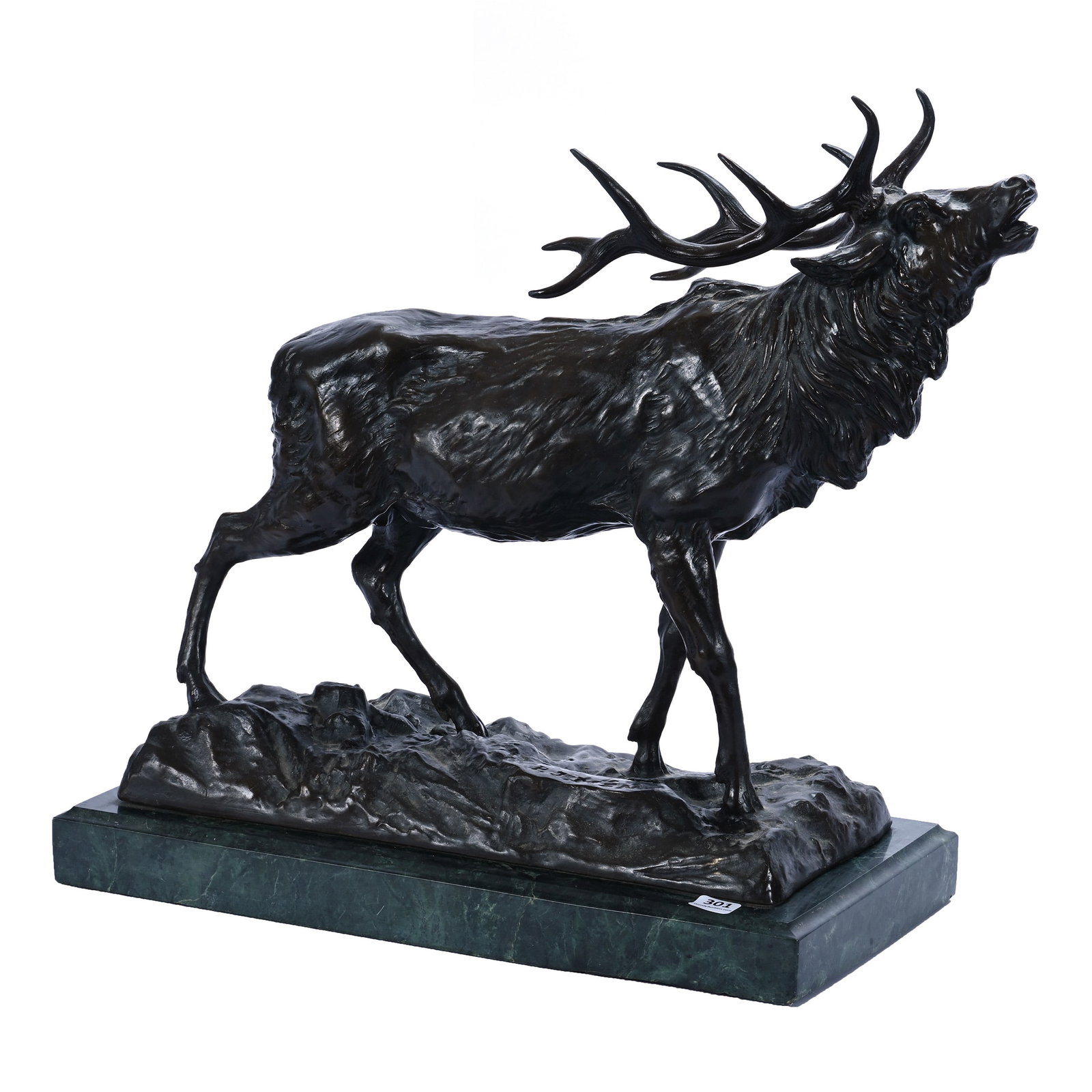 French Bronze Figurine, Bellowing Stag, After The Style Of P.J. Mene (1810-1879): French Bronze Figurine, Bellowing Stag, After The Style Of P.J. Mene (1810-1879), 17 x 18 x 8 Inches, Mounted On Dark Green Marble Base, Nice Detail. Woody Auction Cannot Ship This Item, It Must Be