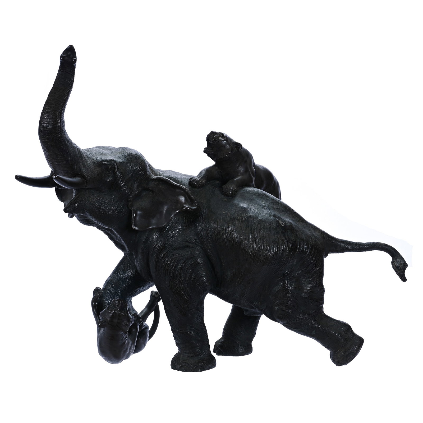 Japanese Bronze Sculpture Of The Meiji Period: Japanese Bronze Sculpture Of The Meiji Period, 21.5 x 25 x 14 Inches, Bull Elephant Being Attacked/Fending Off Two Tigers, Circa 1900, No Visible Makers Mark. Woody Auction Cannot Ship This Item, It M
