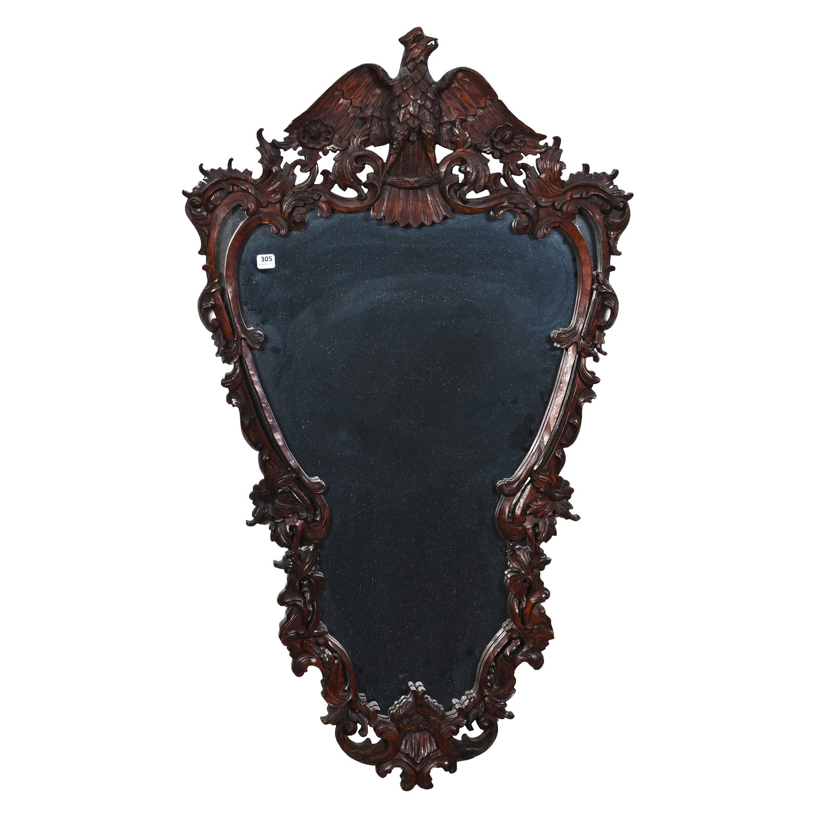 Intricate Antique, Hand Carved Wall Mirror: Intricate Antique, Hand Carved Wall Mirror, 39.5 x 23 x 1.75 Inches, Features Eagle Crest And Blossom Highlights, Late 19th Century, Wonderful Example. Woody Auction Cannot Ship This Item, It Must Be