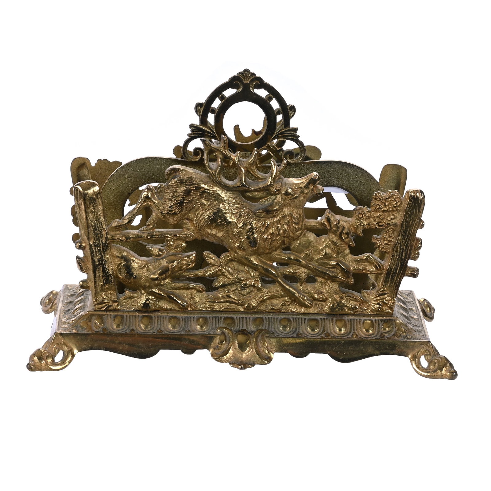 Letter Holder, Marked Bradley And Hubbard #3549-7030: Letter Holder, Marked Bradley And Hubbard #3549-7030, 6.5 x 9.25 x 5 Inches, Solid Brass, Embossed Stag Hunt Scene, 2.6 Pounds, Mary Brinkman Collection, IA, Effective 6/6/26 - All LiveAuctioneers