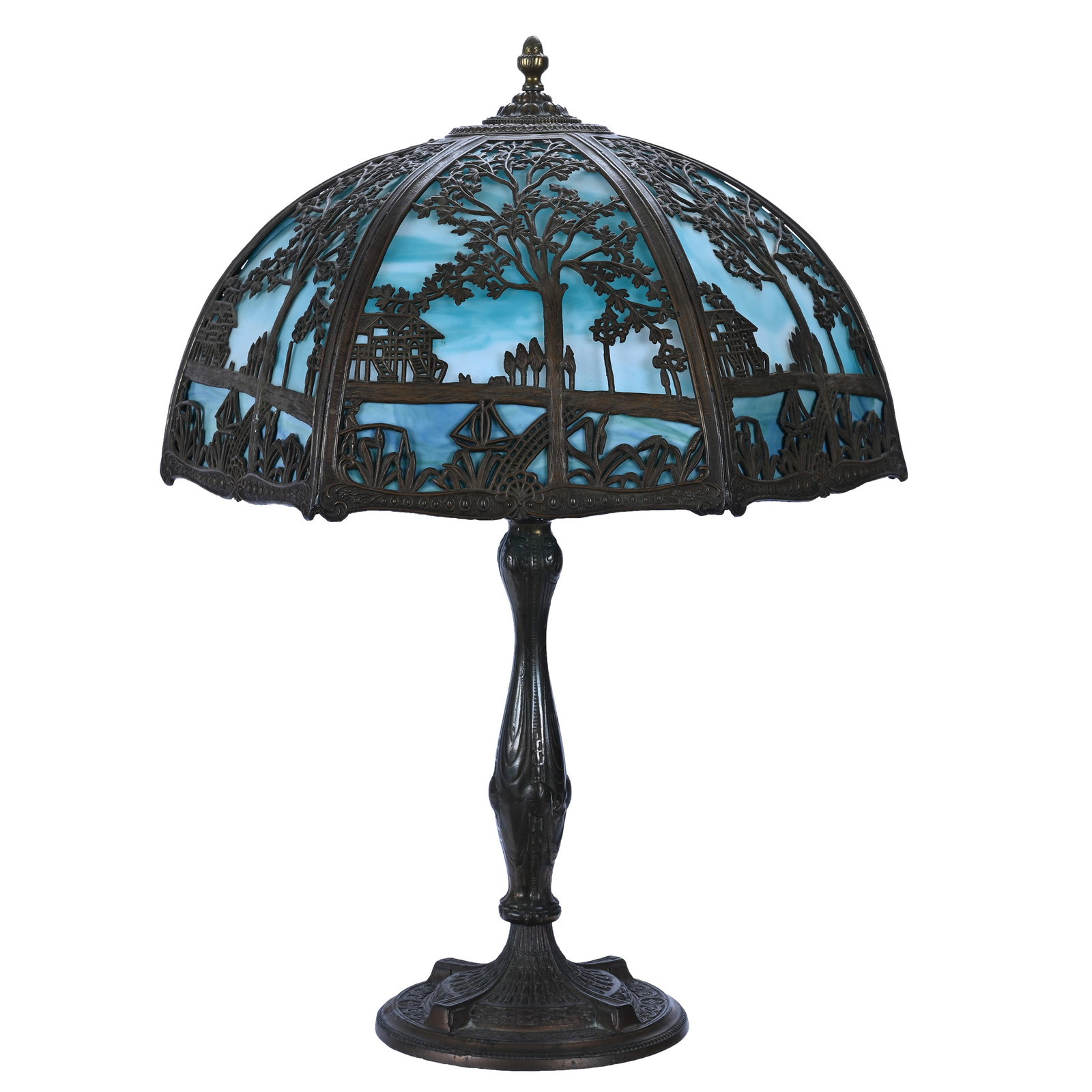 Table Lamp, Bent Panel Slag Glass, Blue And White Mottled Slag Glass (1 of 5)