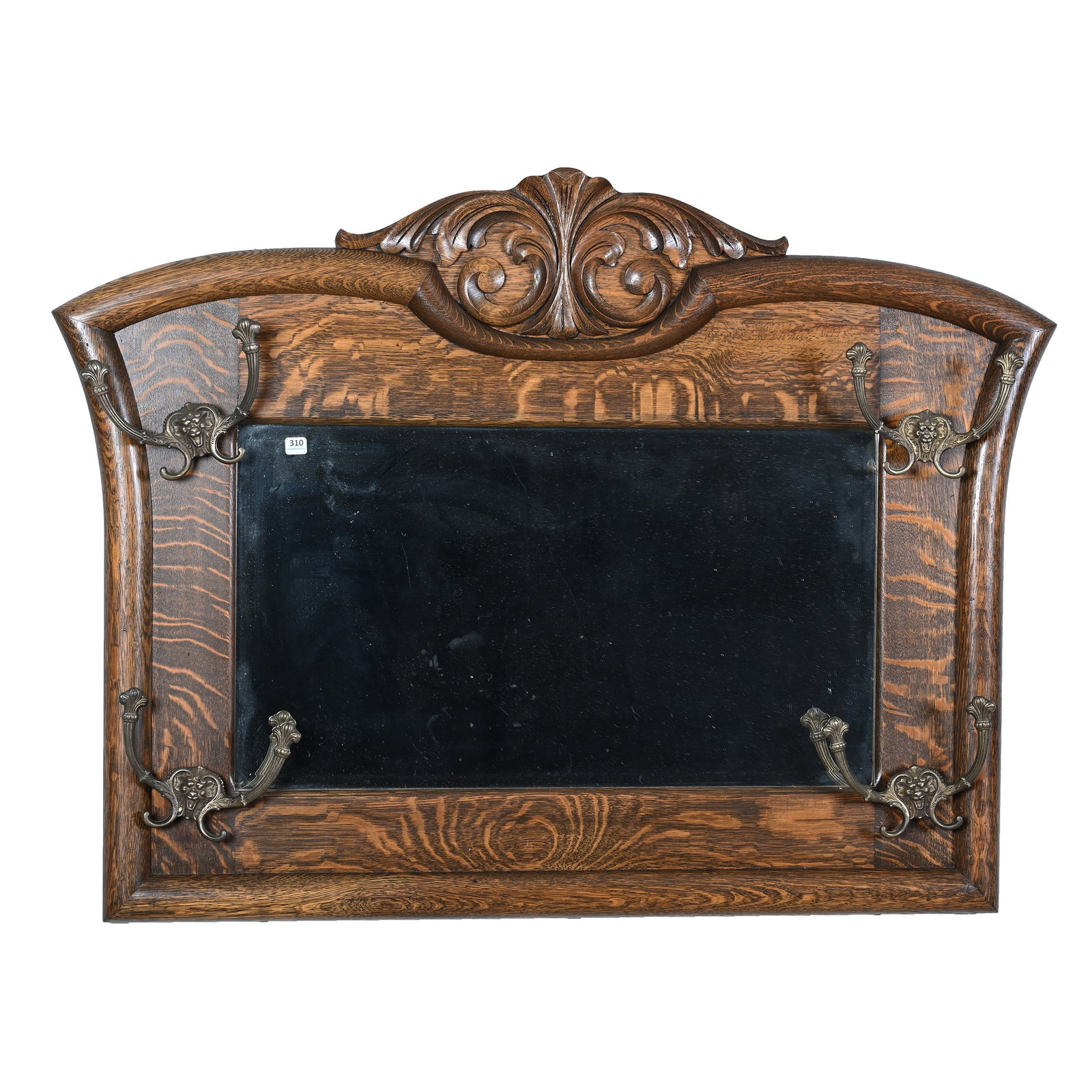 Coat/Hat Rack, Quarter Sawn Oak, Wall Mount, Beveled Mirror, Four Double Hooks: Coat/Hat Rack, Quarter Sawn Oak, Wall Mount, Beveled Mirror, Four Double Hooks, 32 x 43 x 3.5 Inches, Woody Auction Cannot Ship This Item, It Must Be Picked Up In Person In Douglass, KS Or Shipped Via