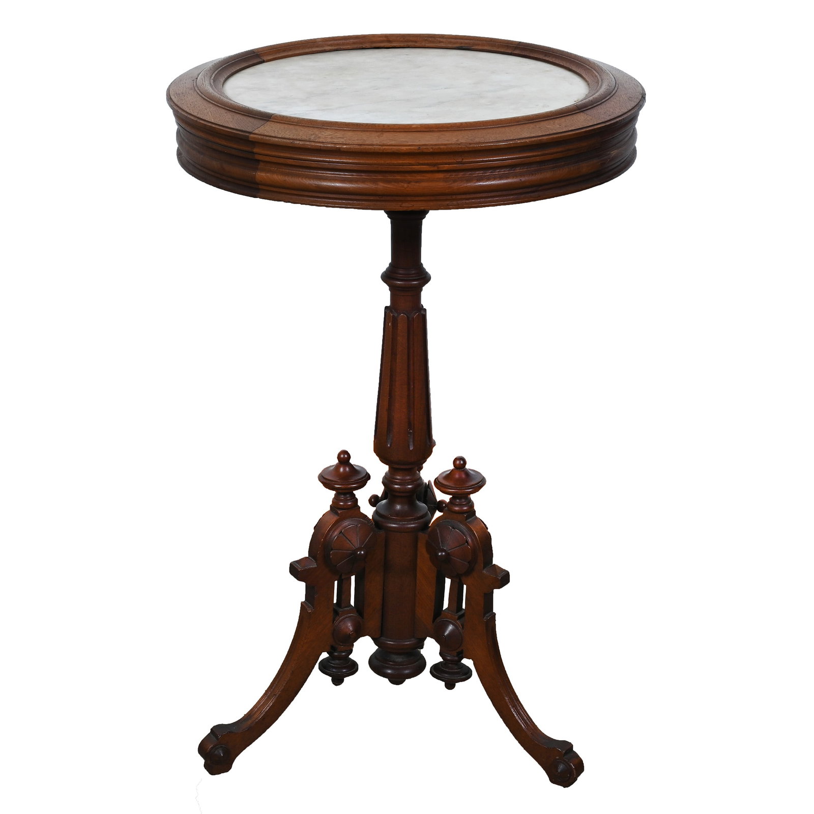 Fern Stand, Walnut Three Legs, Framed White Marble Top: Fern Stand, Walnut Three Legs, Framed White Marble Top, 30.5 x 20 x 20 Inches, Nice Example. Woody Auction Cannot Ship This Item, It Must Be Picked Up In Person In Douglass, KS Or Shipped Via A