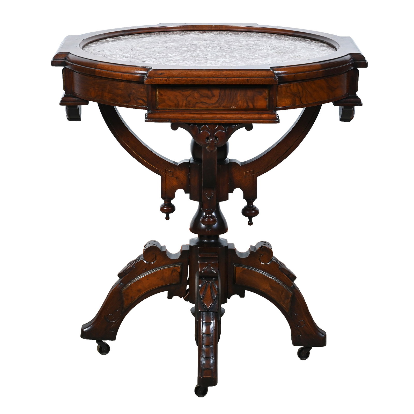Round Parlor Table, Burl Walnut, Brown Marble Top (1 of 3)