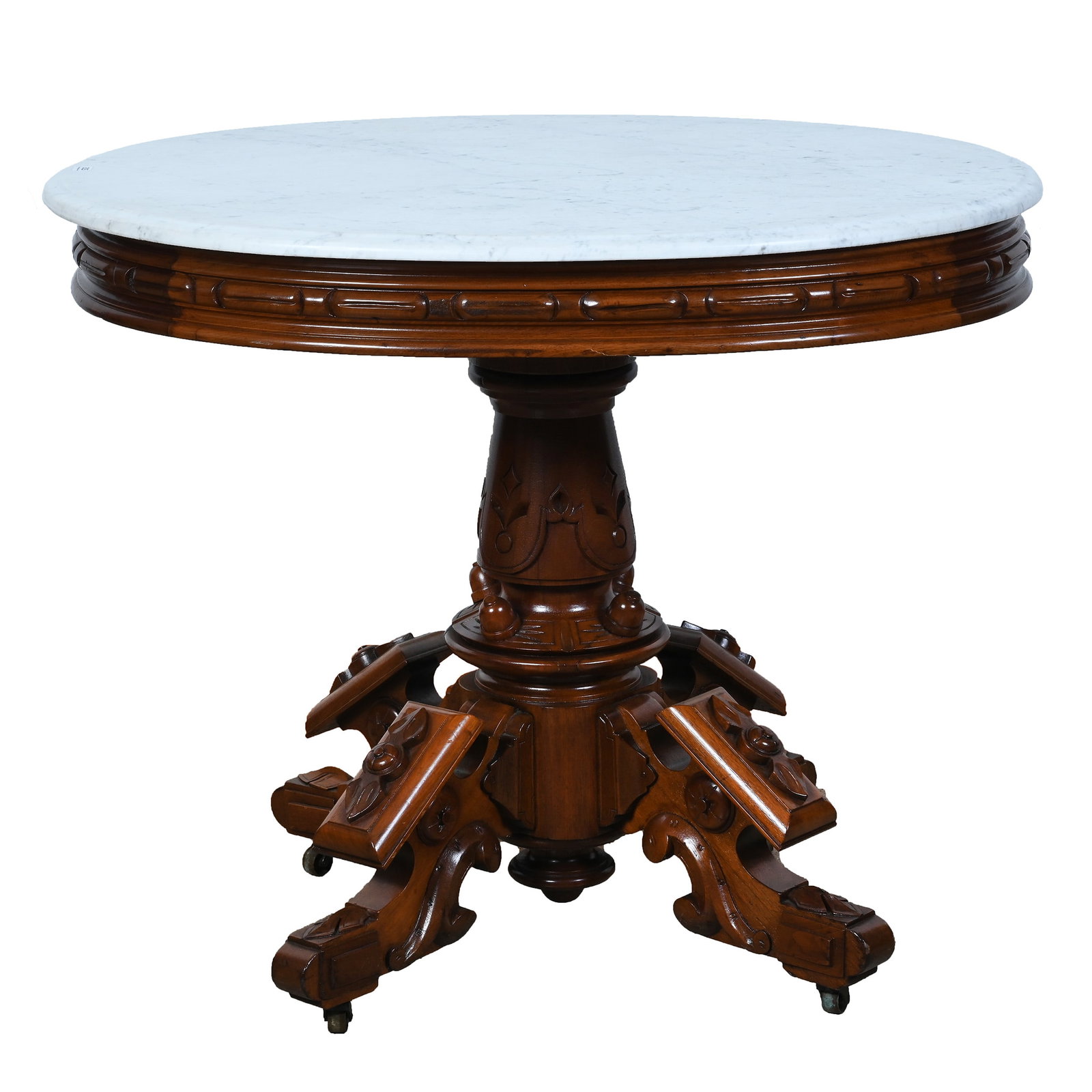 Oval Parlor Table, Heavy Walnut With White Marble Top: Oval Parlor Table, Heavy Walnut With White Marble Top, 30 x 36 x 28 Inches, Woody Auction Cannot Ship This Item, It Must Be Picked Up In Person In Douglass, KS Or Shipped Via A Professional Shipper