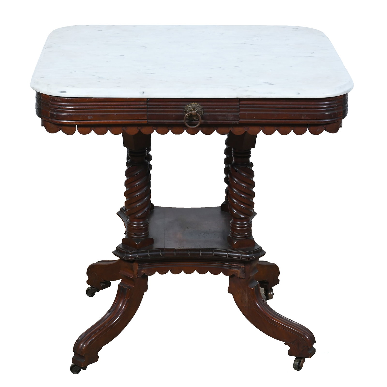 Square Parlor Table, Walnut, Carved Spiral Columns, White Marble Top: Square Parlor Table, Walnut, Carved Spiral Columns, White Marble Top, 30 x 29 x 29 Inches, Two Hidden Pullout Drawers. Woody Auction Cannot Ship This Item, It Must Be Picked Up In Person In Douglass, 
