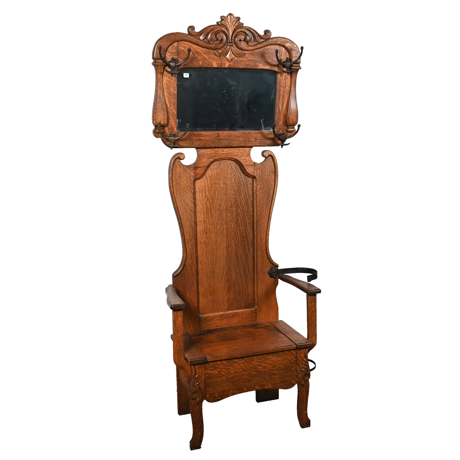Coat/Hat Rack And Bench, Oak, Beveled Mirror, Four Double Hooks: Coat/Hat Rack And Bench, Oak, Beveled Mirror, Four Double Hooks, 78 x 29 x 15 Inches, Lift Up Seat Storage Box. Woody Auction Cannot Ship This Item, It Must Be Picked Up In Person In Douglass, KS Or S