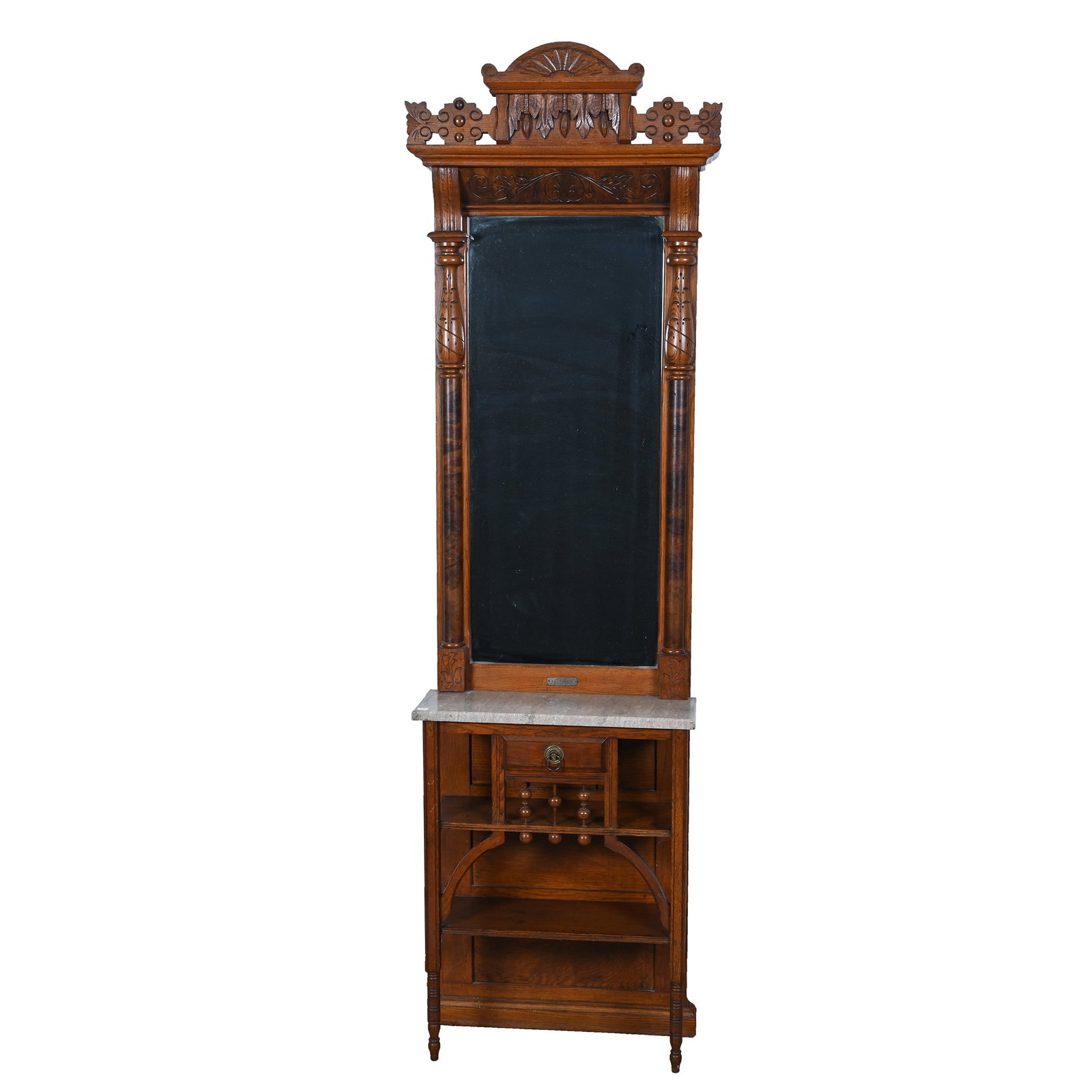 Pier Mirror, Eastlake Burl Walnut, Brown Marble Top, Single Drawer: Pier Mirror, Eastlake Burl Walnut, Brown Marble Top, Single Drawer, 87 x 24 x 10 Inches, Original Plaque Marked "From A.L. Undeland, Omaha. Neb". Woody Auction Cannot Ship This Item, It Must Be