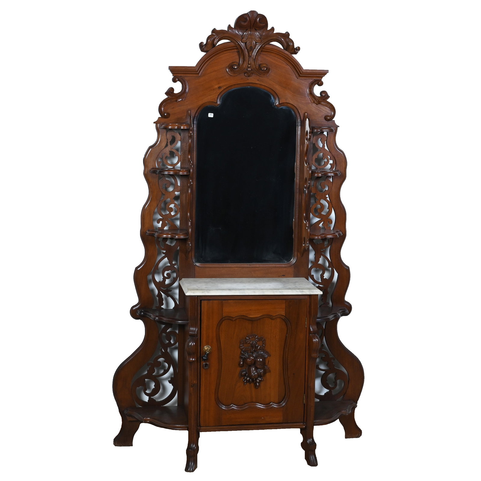 Eterge, Walnut With White Marble Top, Mirror Back, Carved Fruit Door, 10 Wooden Shelves (1 of 5)