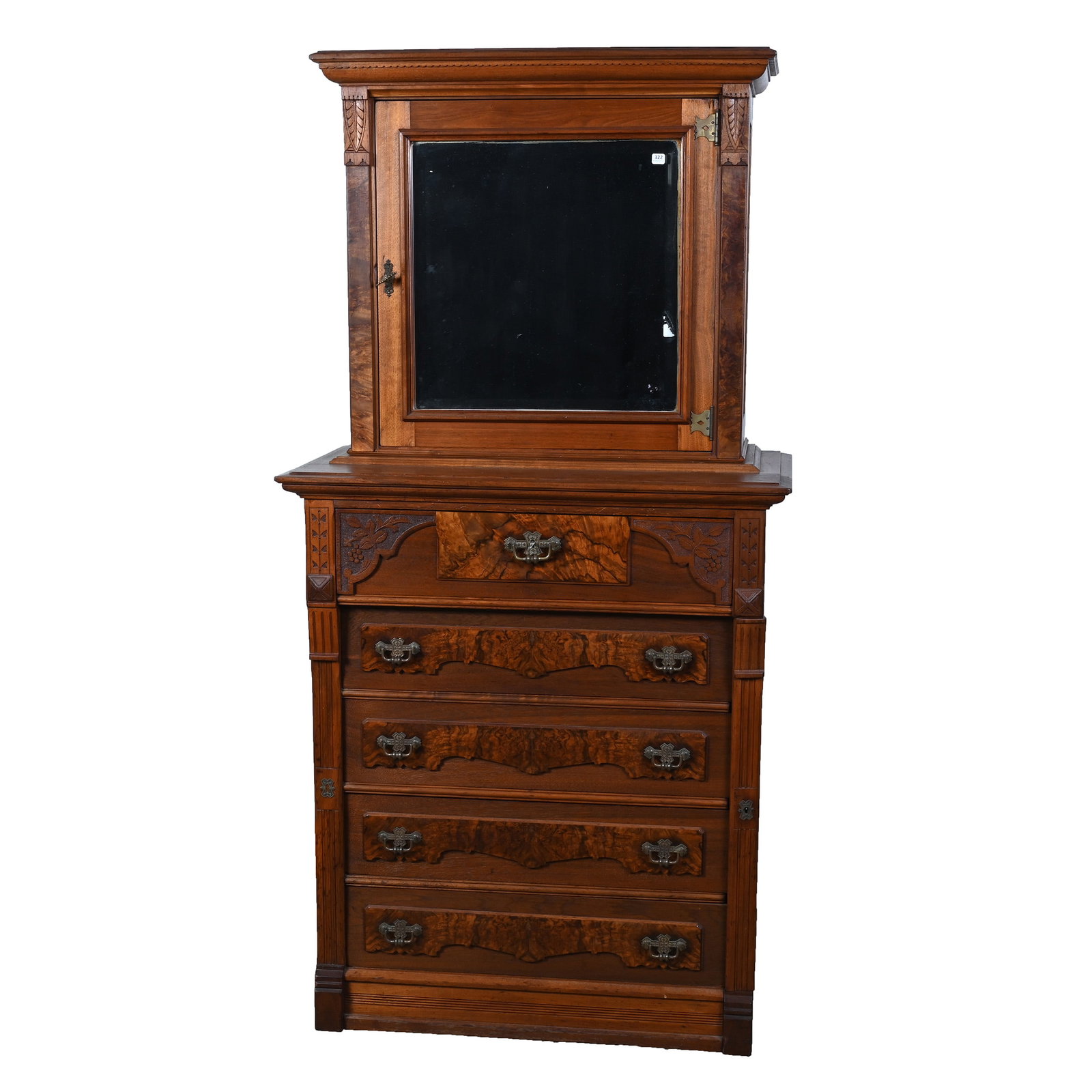 Highboy Sidelock Dresser, Eastlake Burl Walnut With Upper Beveled Mirror Door Cabinet: Highboy Sidelock Dresser, Eastlake Burl Walnut With Upper Beveled Mirror Door Cabinet, 73 x 36 x 20.5 Inches, Five Drawers With Upper Cabinet Door, Great Cabinet! Woody Auction Cannot Ship This Item, 