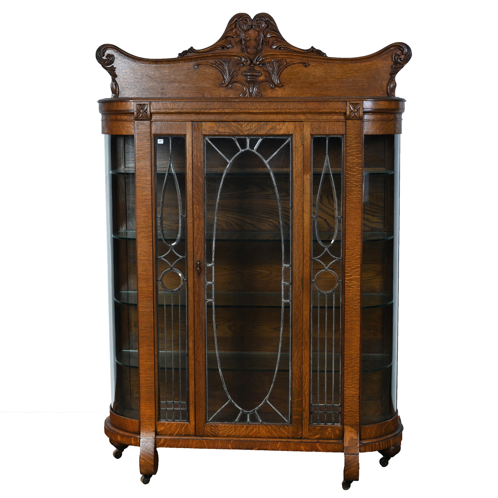 China Cabinet, Oak, Beveled Leaded Glass Front, Carved Scroll Work (1 of 4)