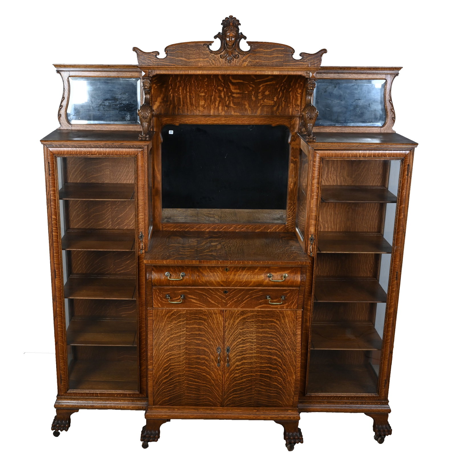 Double Cabinet Buffet, Quarter Sawn Oak, Beveled Mirror Back, 8 Wooden Shelves (1 of 5)