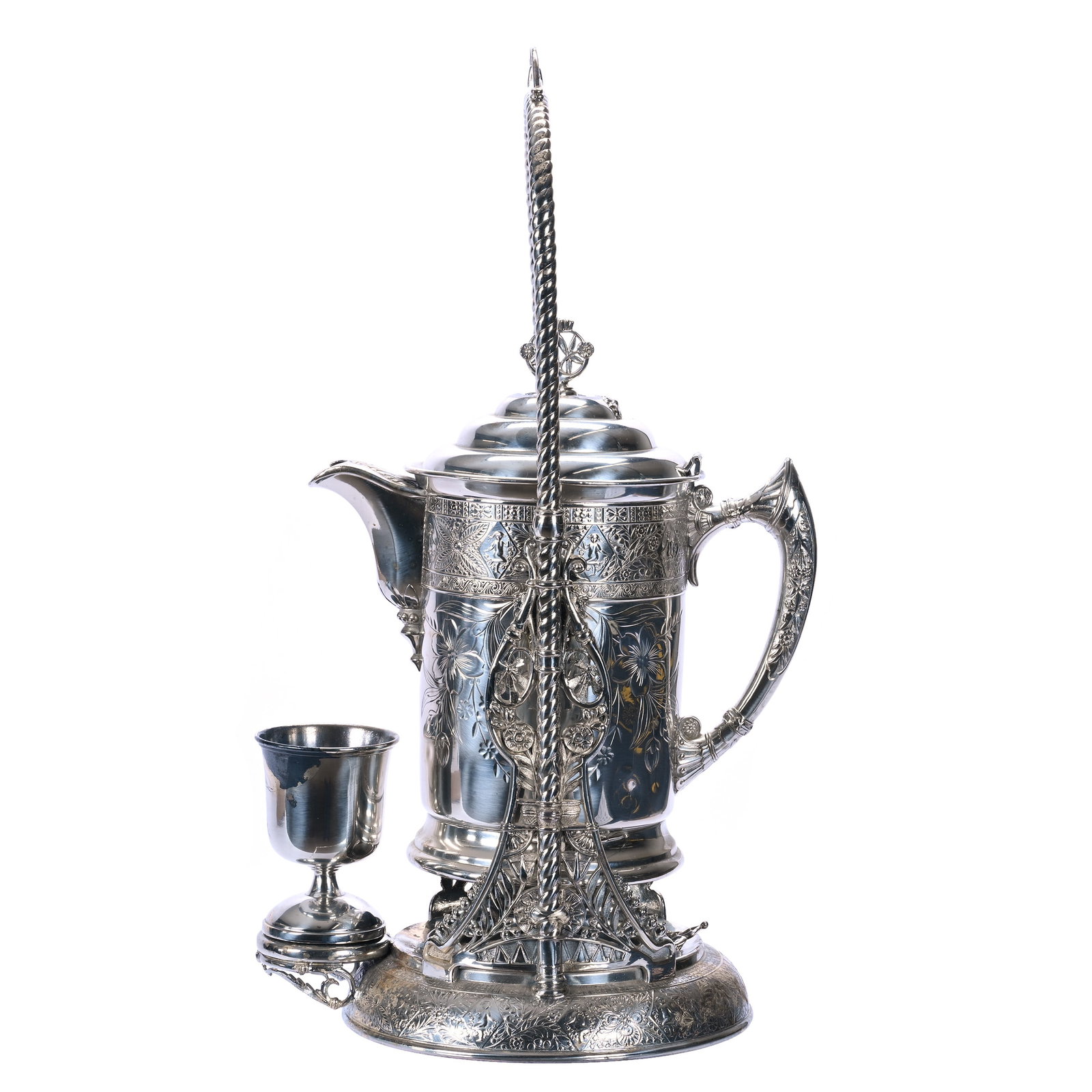 Tilting Water Pitcher, Cup, And Frame Set, Marked Simpson, Hall, And Miller #342 Silverplate: Tilting Water Pitcher, Cup, And Frame Set, Marked Simpson, Hall, And Miller #342 Silverplate, 21.5 x 11 x 9 Inches, Matched Design Features Cherubs And Floral Decor, Removable Drip Tray, Small