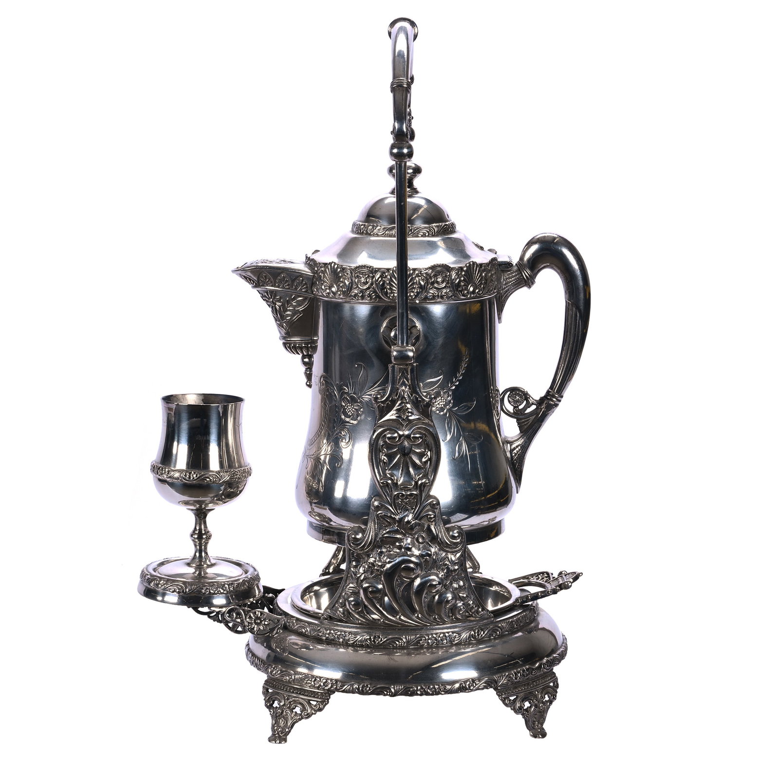 Tilting Water Pitcher, Cup And Frame Set Marked Barbour Silverplate: Tilting Water Pitcher, Cup And Frame Set Marked Barbour Silverplate, 20 x 12 x 9 Inches, Matching Pattern Set With Removable Drip Tray, 9.8 Pounds, Bill Sandars Collection, TX, Effective 6/6/26 - All