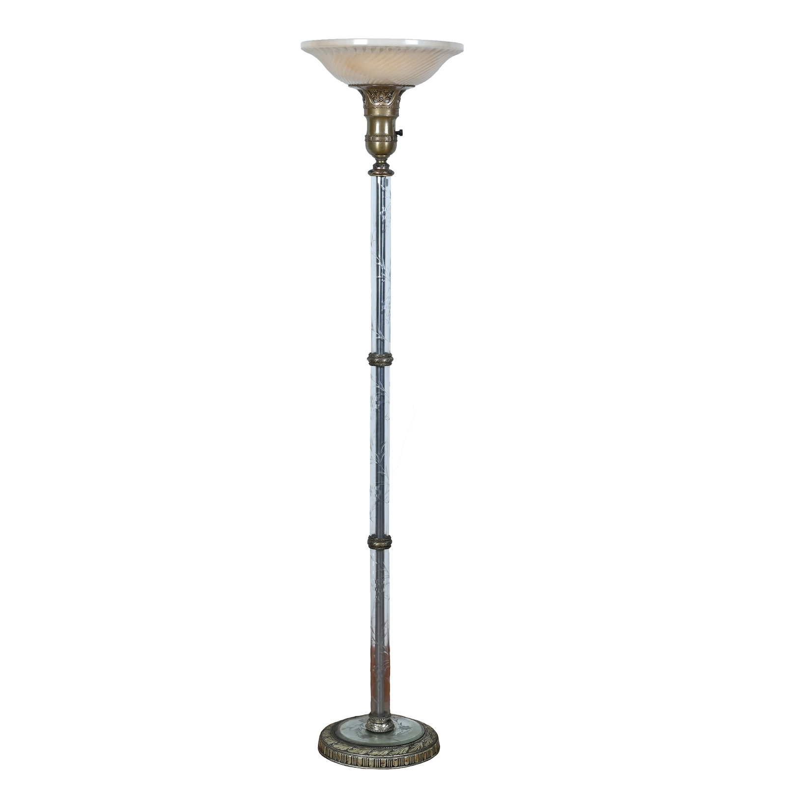 Floor Lamp, Vintage Engraved Glass Body With Matched Beveled Mirror Foot And Metal Base (1 of 4)