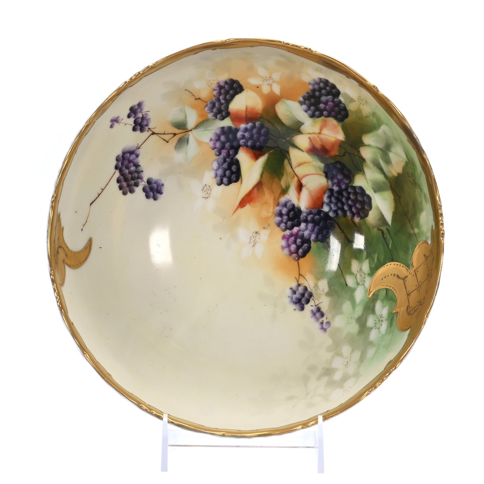Bowl, Pickard Mark 4 (1903-1905), Autumn Blackberries And Gold Paste Pattern: Bowl, Pickard Mark 4 (1903-1905), Autumn Blackberries And Gold Paste Pattern, 9.5 x 9.5 x 4.5 Inches, Artist Signed Otto W Goess, 1.9 Pounds, William (Bill) Wright Collection. Effective 6/6/26, All Li