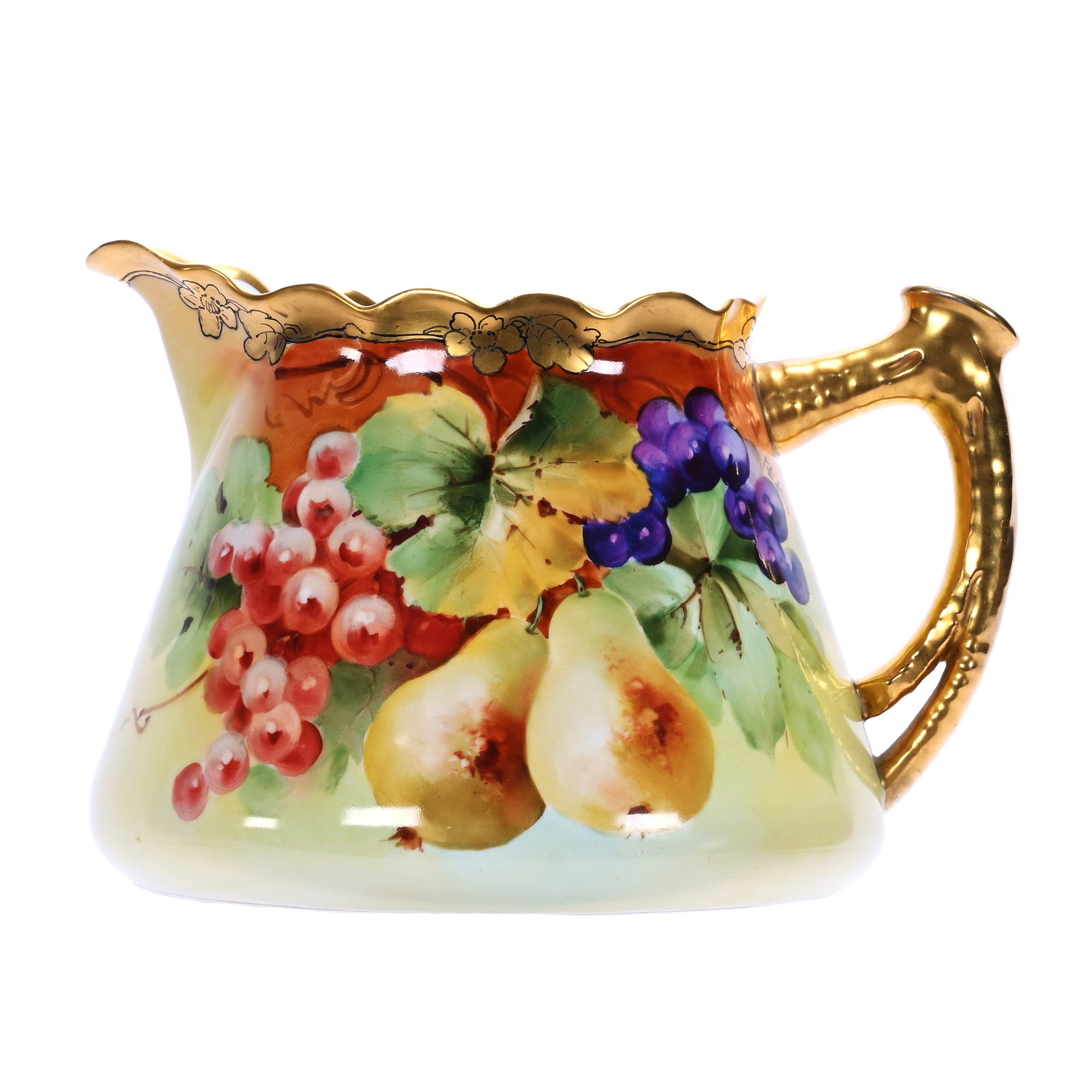 Cider/Lemonade Jug, Pickard Mark 5 (1905-1910): Cider/Lemonade Jug, Pickard Mark 5 (1905-1910), 6.5 x 9.5 x 8 Inches, Two Fruits Decor On Brown And Yellow Background, Artist Signed, We Believe The Signature To Be Frederick Walters, 1.9 Pounds, Will