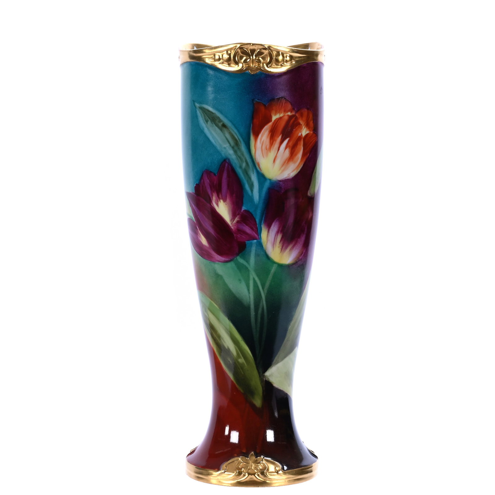 Vase, Pickard Mark 4 (1903-1905): Vase, Pickard Mark 4 (1903-1905), 12.75 x 4.25 x 4.25 Inches, Tulip Pattern With Blue, Lavender, Yellow, And Brown Background, Artist Signed Harry E. Michel, 2 Pounds, William (Bill) Wright Collection