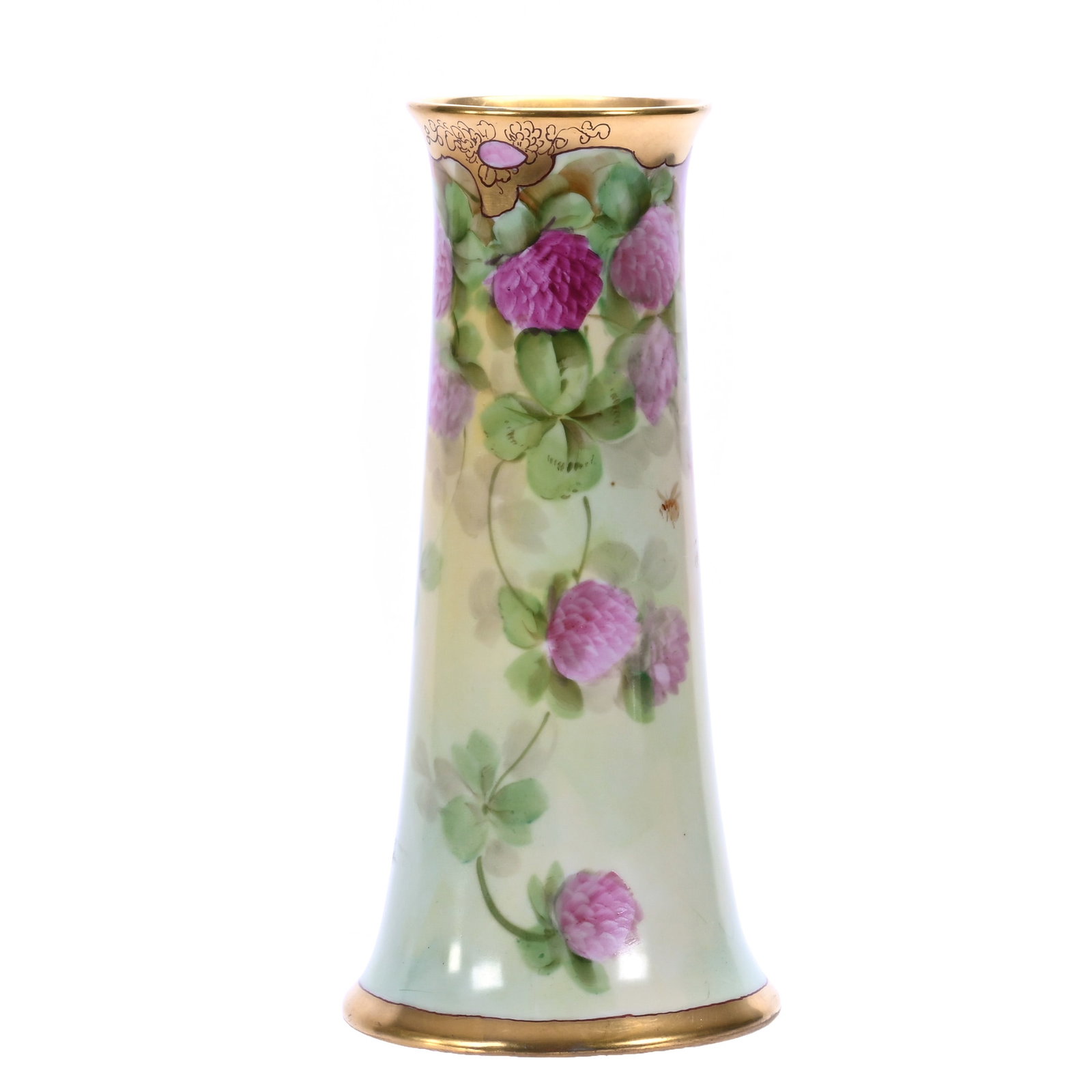 Vase, Pickard Mark 5 (1905-1910), Clover Blossoms And Honeybee Pattern: Vase, Pickard Mark 5 (1905-1910), Clover Blossoms And Honeybee Pattern, 8 x 3.75 x 3.75 Inches, Artist Signed Howard B. Reury, 0.8 Pounds, William (Bill) Wright Collection. Effective 6/6/26, All LiveA