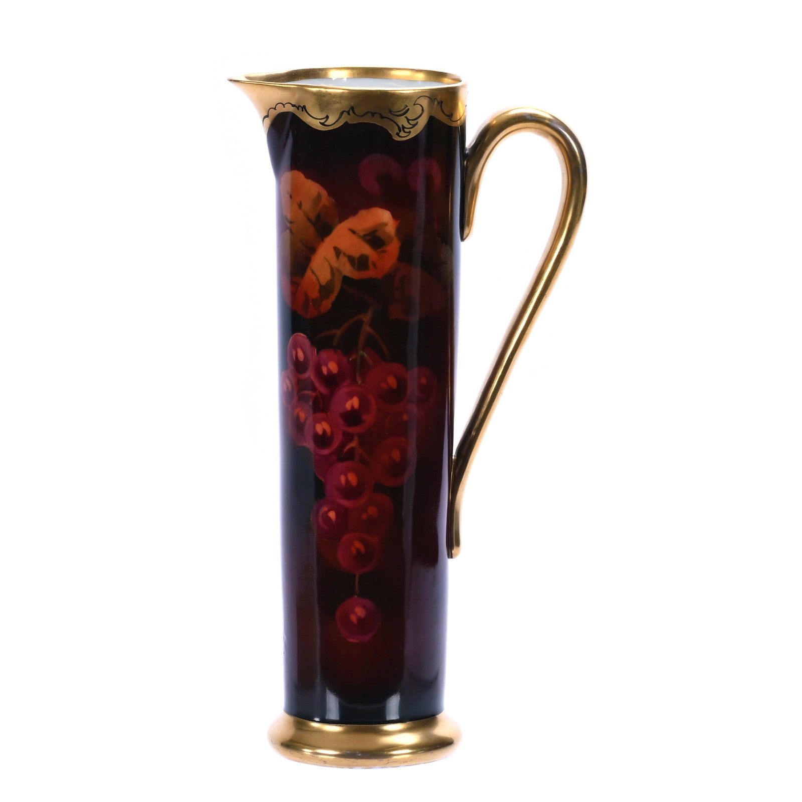 Slender Pitcher, Pickard Mark 5 (1905-1910), Grape Motif, Dark Burgundy Ground: Slender Pitcher, Pickard Mark 5 (1905-1910), Grape Motif, Dark Burgundy Ground, 10.25 x 5.5 x 3 Inches, Artist Signed Edward S. Challinor, 1.1 Pounds, William (Bill) Wright Collection. Effective 6/6/2