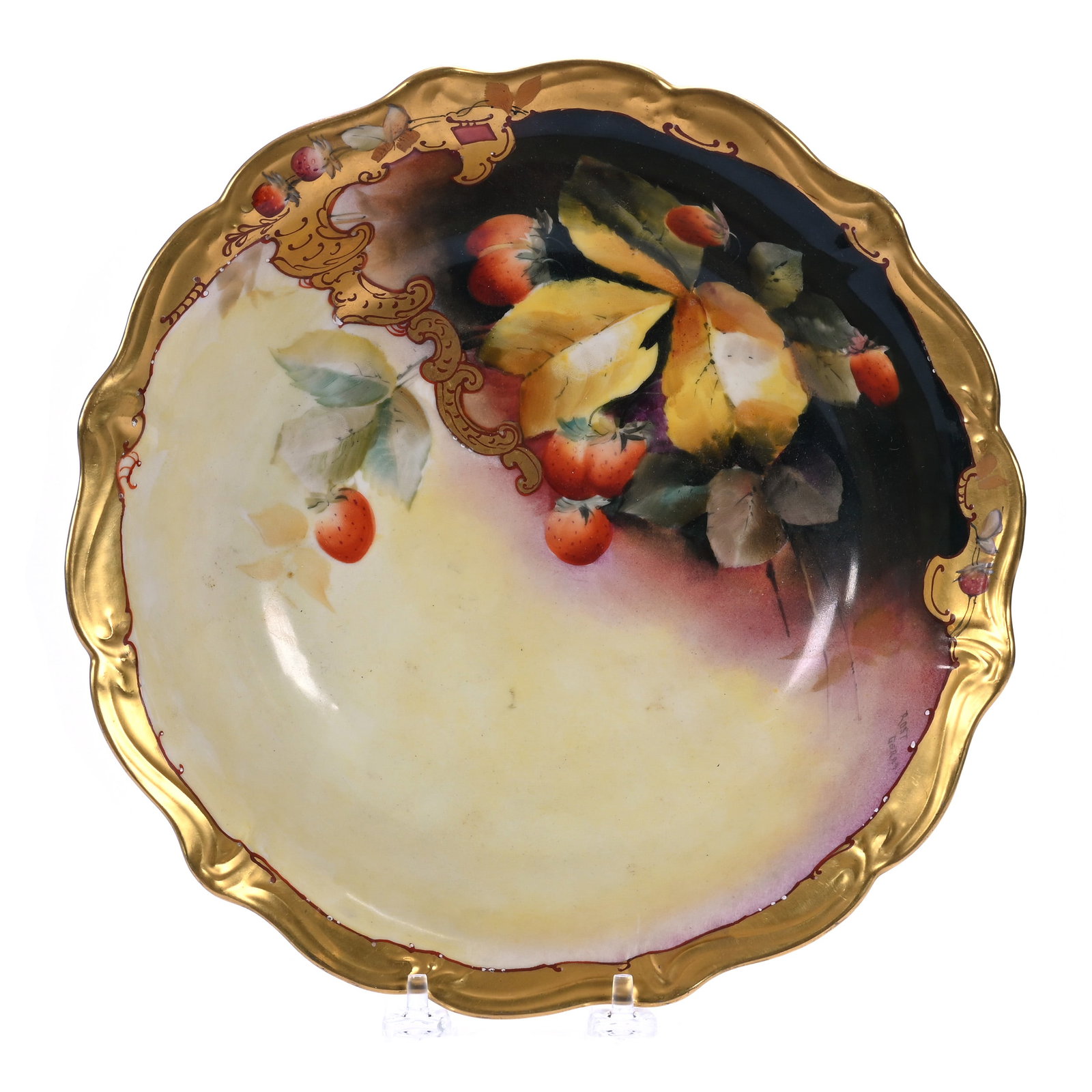 Bowl, Pickard Mark 4 (1903-1905), Strawberry With Gold Whiplash Pattern: Bowl, Pickard Mark 4 (1903-1905), Strawberry With Gold Whiplash Pattern, 10.5 x 10.5 x 2.5 Inches, Artist Signed M. Rost Leroy, 1.5 Pounds, William (Bill) Wright Collection. Effective 6/6/26, All Live