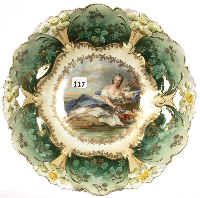 11" UNMARKED PRUSSIA LILY MOLD TWO HANDLE CAKE PLATE: 11" UNMARKED PRUSSIA LILY MOLD TWO HANDLE CAKE PLATE FLORA PORTRAIT DECOR - GREEN BORDER WITH GOLD STENCIL HIGHLIGHTS