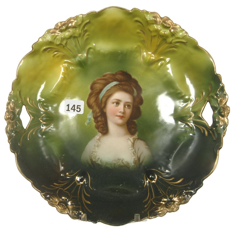 9 1/2" UNMARKED PRUSSIA LILY MOLD TWO HANDLE CAKE PLATE: 9 1/2" UNMARKED PRUSSIA LILY MOLD TWO HANDLE CAKE PLATE GREEN TONES WITH POTOCKA PORTRAIT - GOLD HIGHLIGHTS