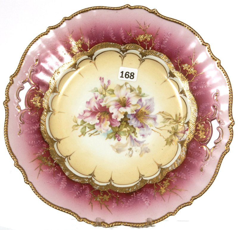 10 1/2" UNMARKED PRUSSIA MOLD #343 TWO HANDLE CAKE PLAT: 10 1/2" UNMARKED PRUSSIA MOLD #343 TWO HANDLE CAKE PLATE CREAM CENTER WITH PINK BORDER - FLORAL DECOR WITH GOLD TRIM HIGHLIGHTS